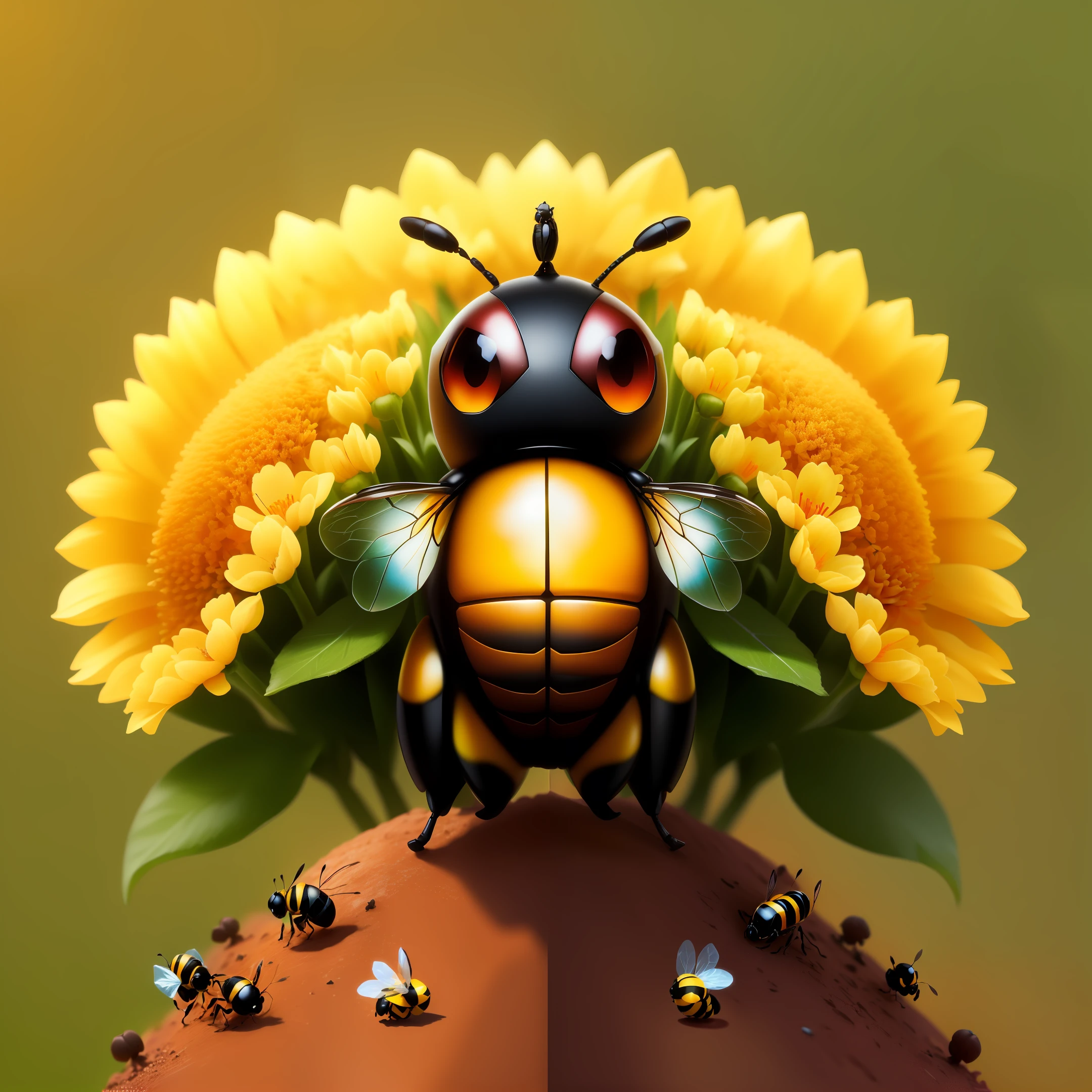 a cute puffy bee formed by various flowers, guarding an anthill with the acher ant and carrier ant around it, hd, real, upscale