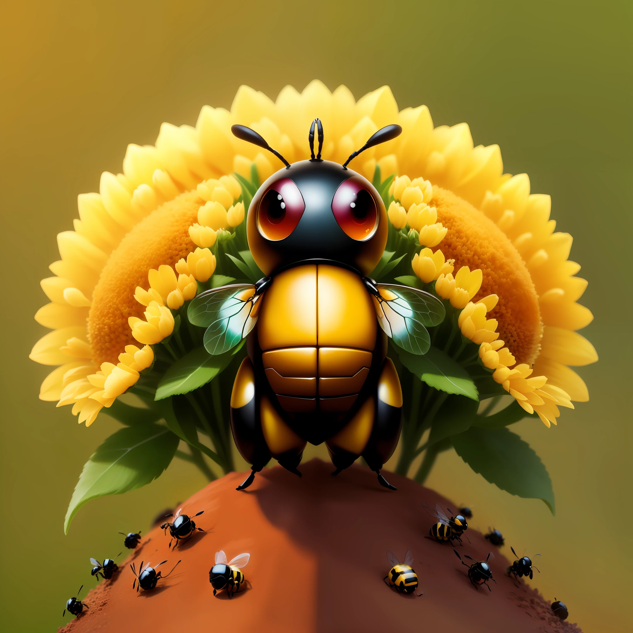 a cute puffy bee formed by various flowers, guarding an anthill with the acher ant and carrier ant around it, hd, real, upscale