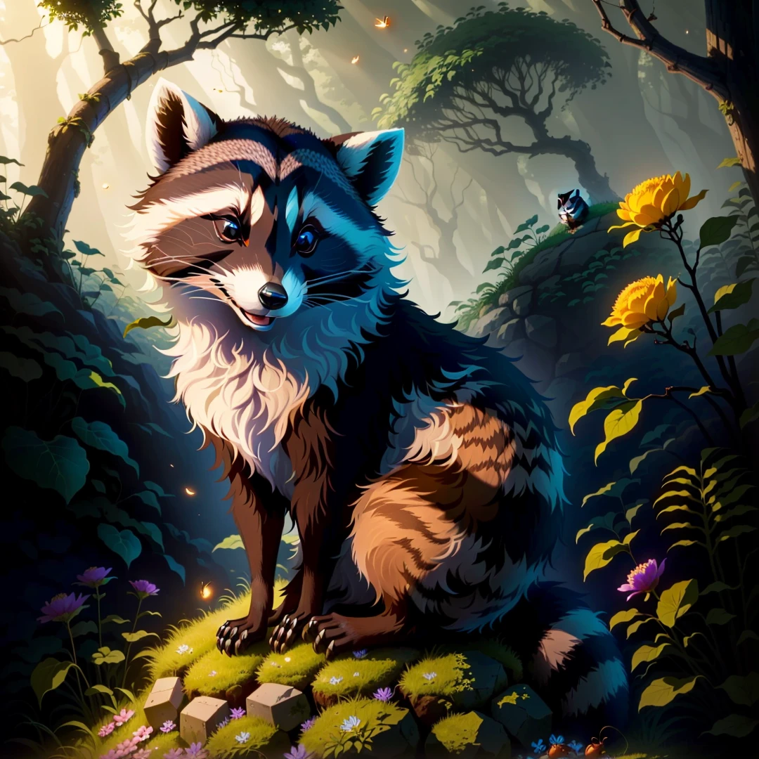 Raccoon sitting on a rock as an anthill, in the forest, tendrils, apples lying around, fireflies, idyllic, flowers, ants everywhere masterpiece, beautiful, 4k, realistic cartoon, mega realistic, scaled, centered