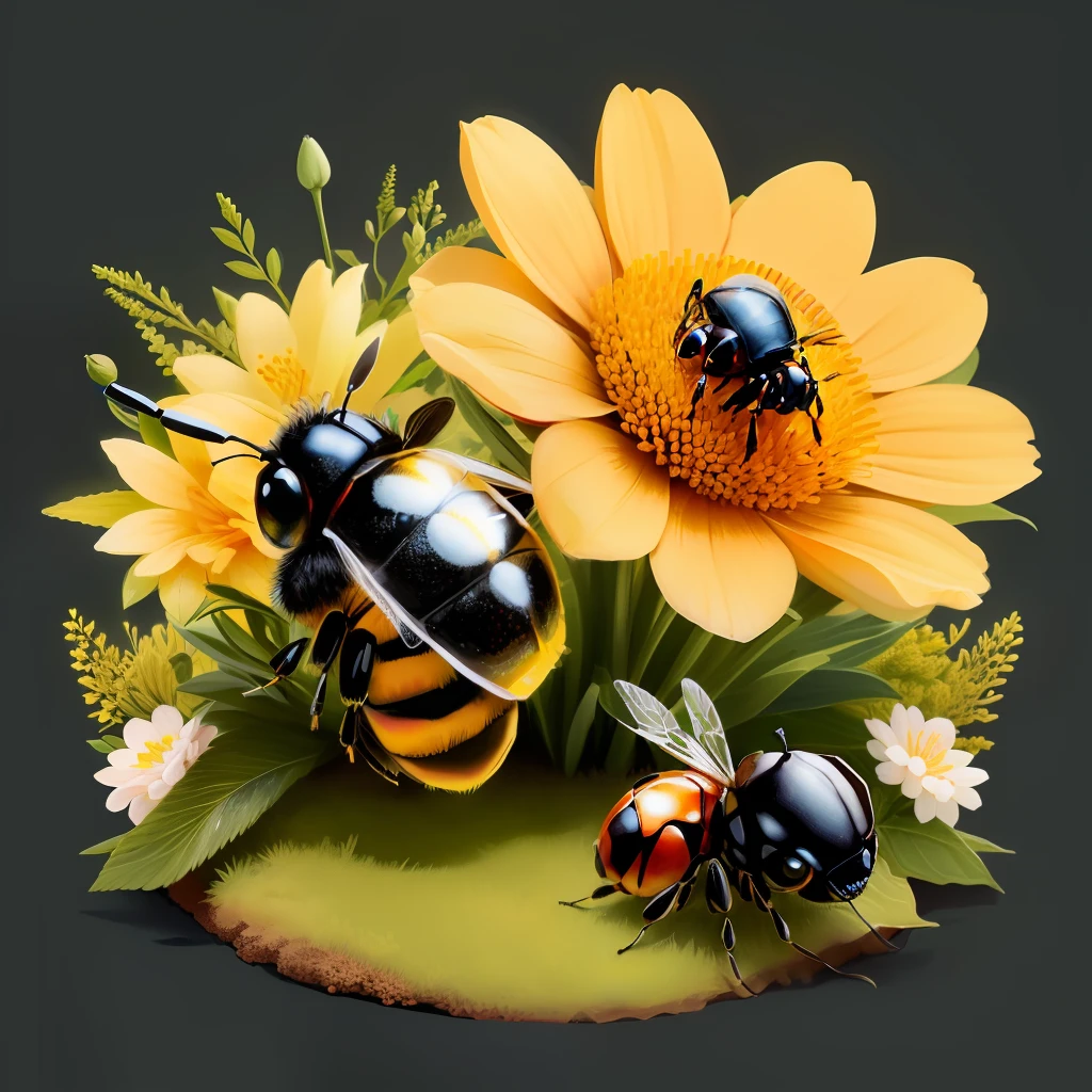 a cute puffy bee formed by various flowers, guarding an anthill with the acher ant and carrier ant around it, hd, real, upscale