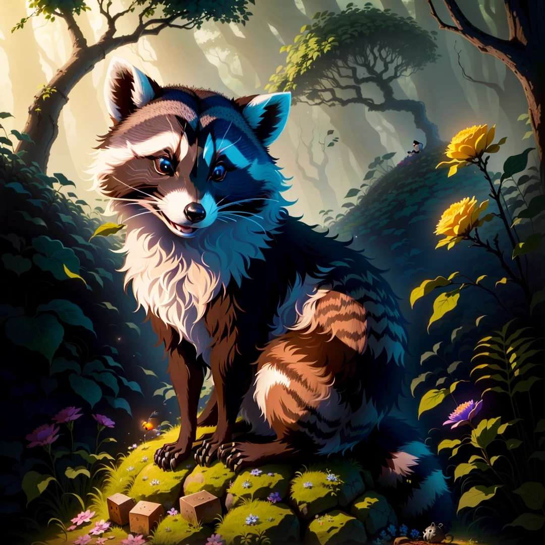 Raccoon sitting on a rock as an anthill, in the forest, tendrils, apples lying around, fireflies, idyllic, flowers, ants everywhere masterpiece, beautiful, 4k, realistic cartoon, mega realistic, scaled, centered