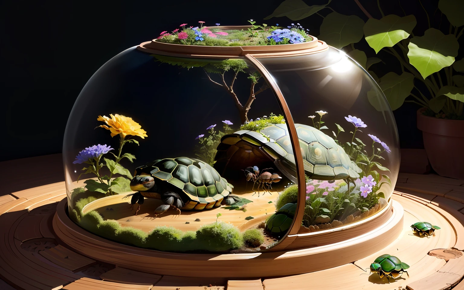 ant habitat is round, glass on back of tortoise, flowers.