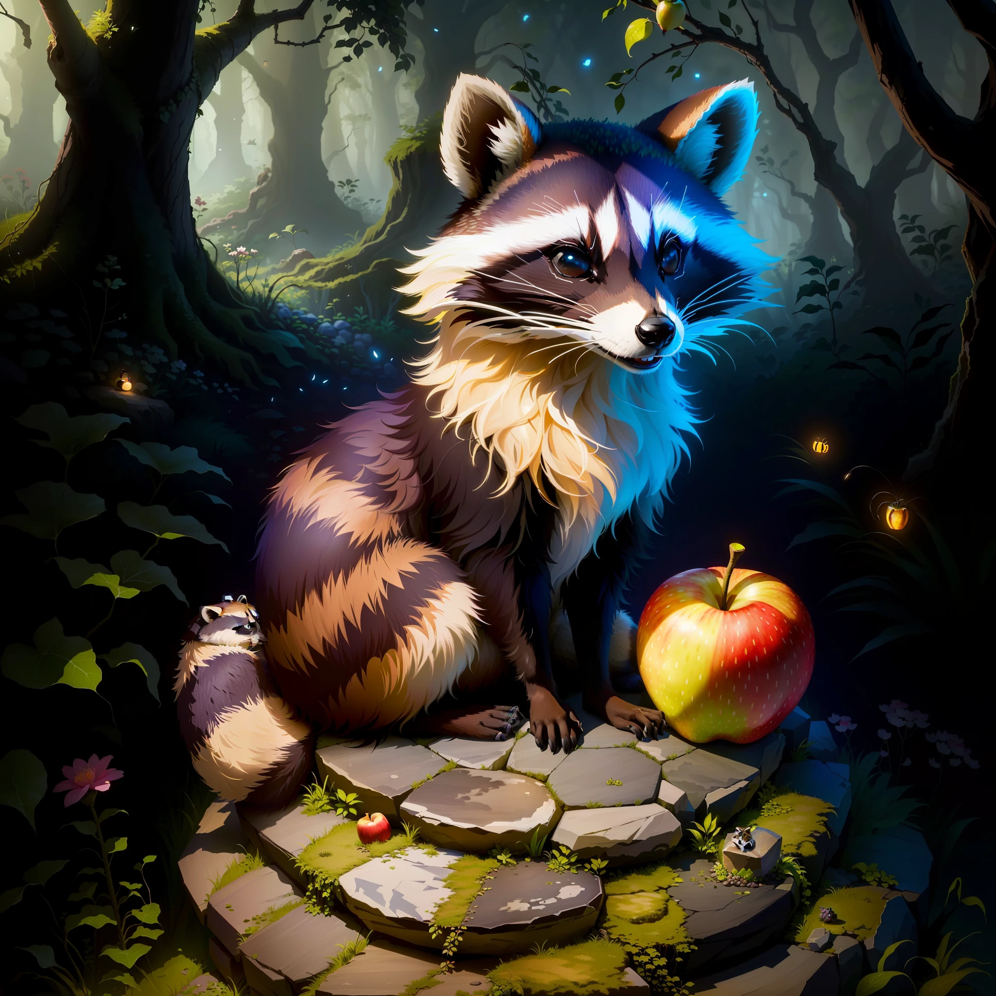 Raccoon sitting on a rock as an anthill, in the forest, tendrils, apples lying around, fireflies, idyllic, flowers, ants everywhere masterpiece, beautiful, 4k, realistic cartoon, mega realistic, scaled, centered, clear image