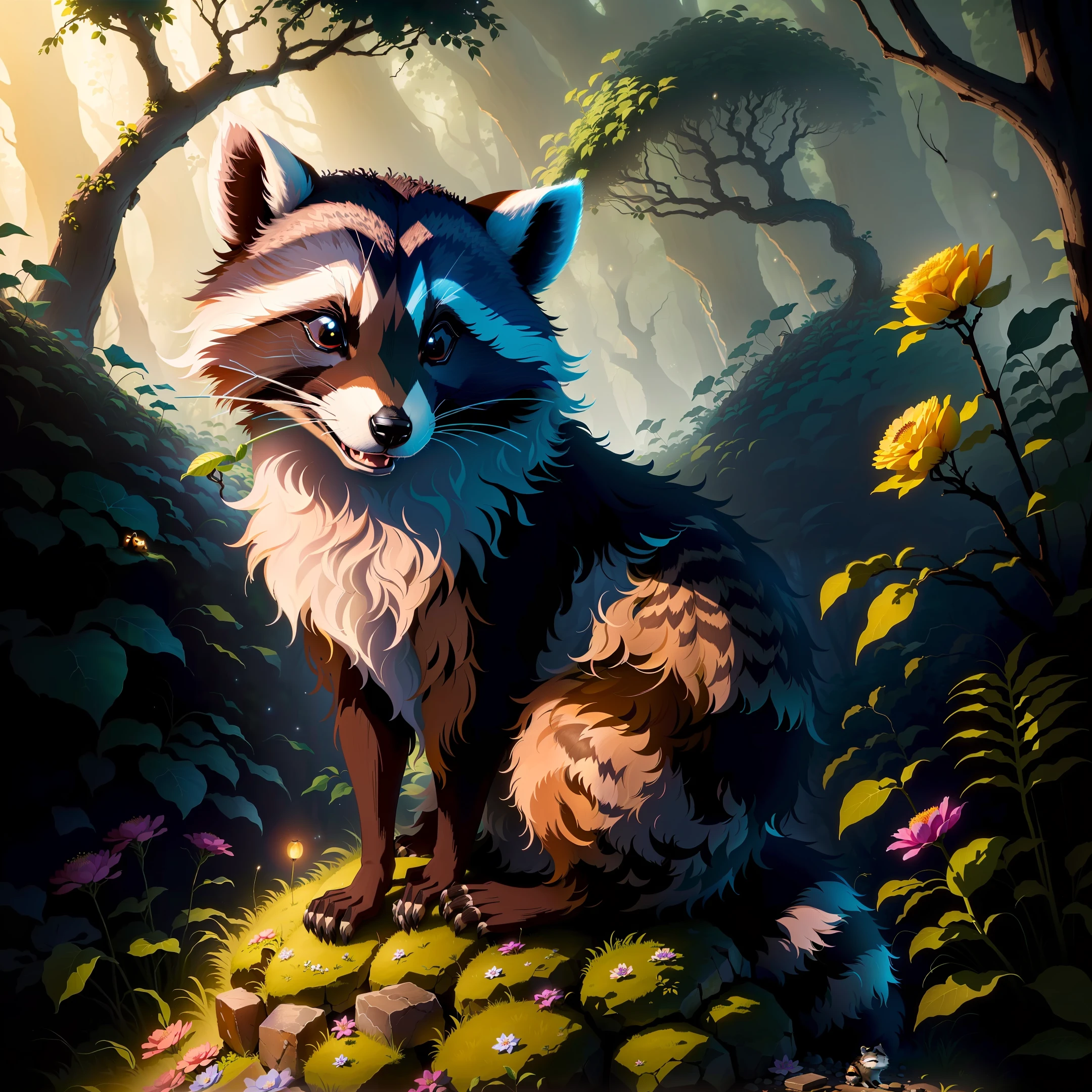 Raccoon sitting on a rock as an anthill, in the forest, tendrils, apples lying around, fireflies, idyllic, flowers, ants everywhere masterpiece, beautiful, 4k, realistic cartoon, mega realistic, scaled, centered