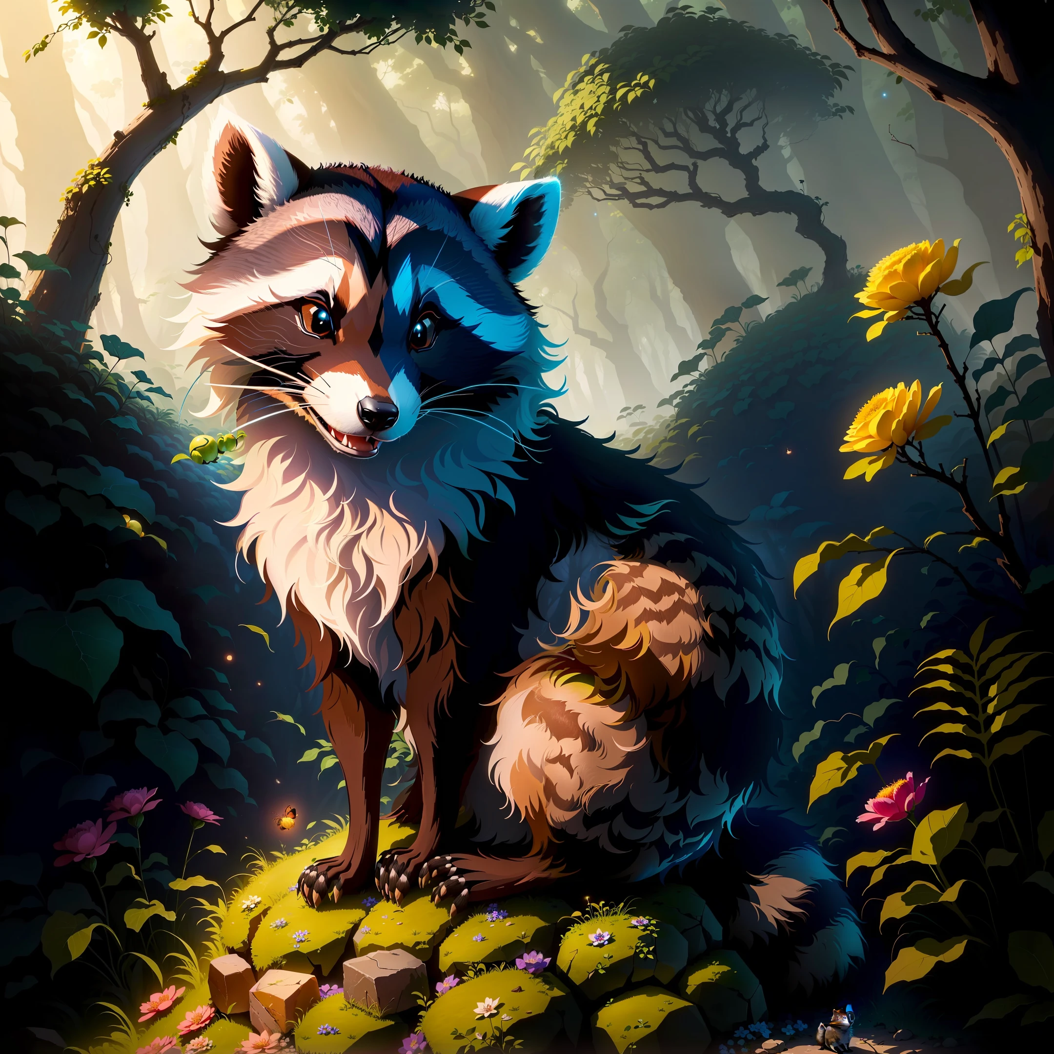 Raccoon sitting on a rock as an anthill, in the forest, tendrils, apples lying around, fireflies, idyllic, flowers, ants everywhere masterpiece, beautiful, 4k, realistic cartoon, mega realistic, scaled, centered