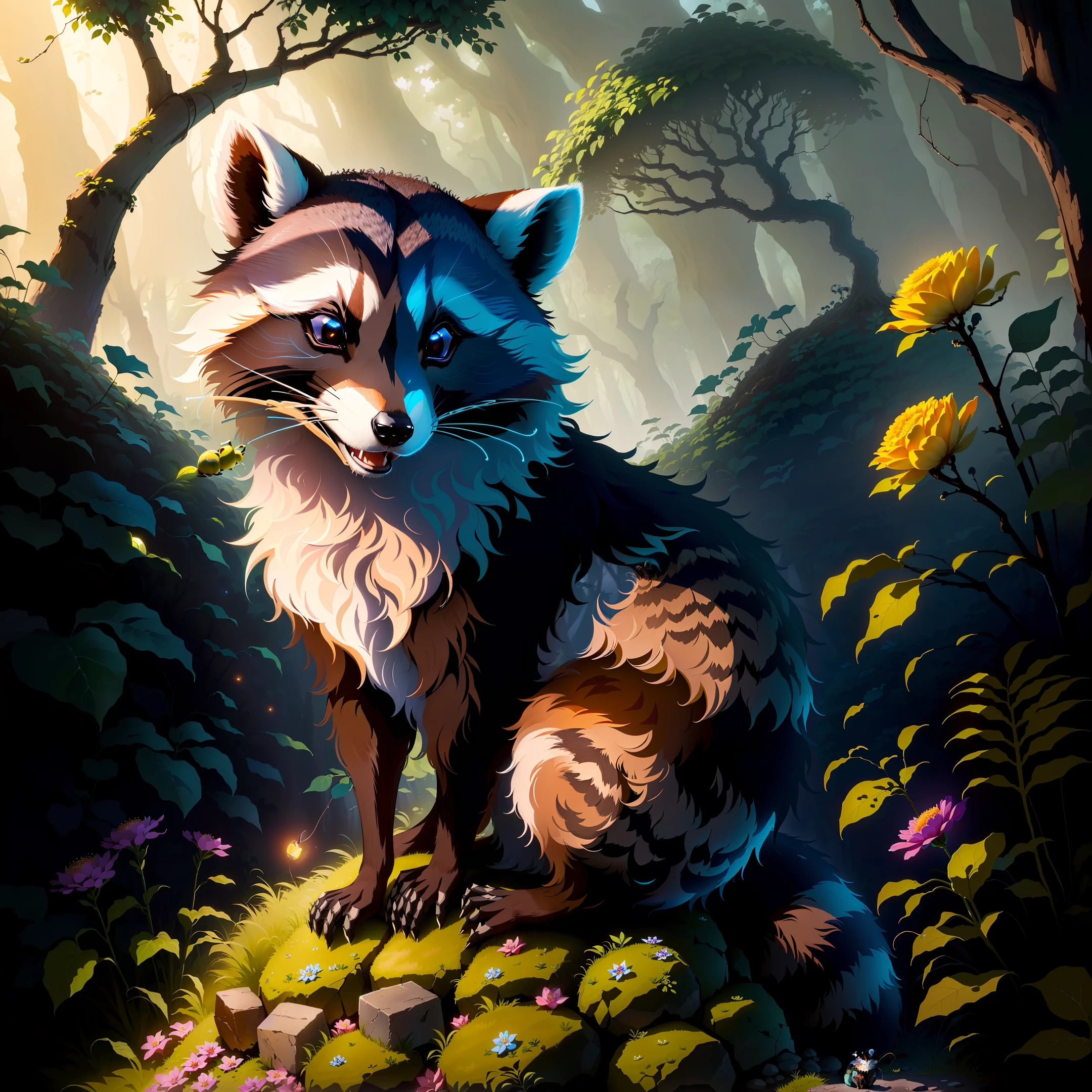 Raccoon sitting on a rock as an anthill, in the forest, tendrils, apples lying around, fireflies, idyllic, flowers, ants everywhere masterpiece, beautiful, 4k, realistic cartoon, mega realistic, scaled, centered