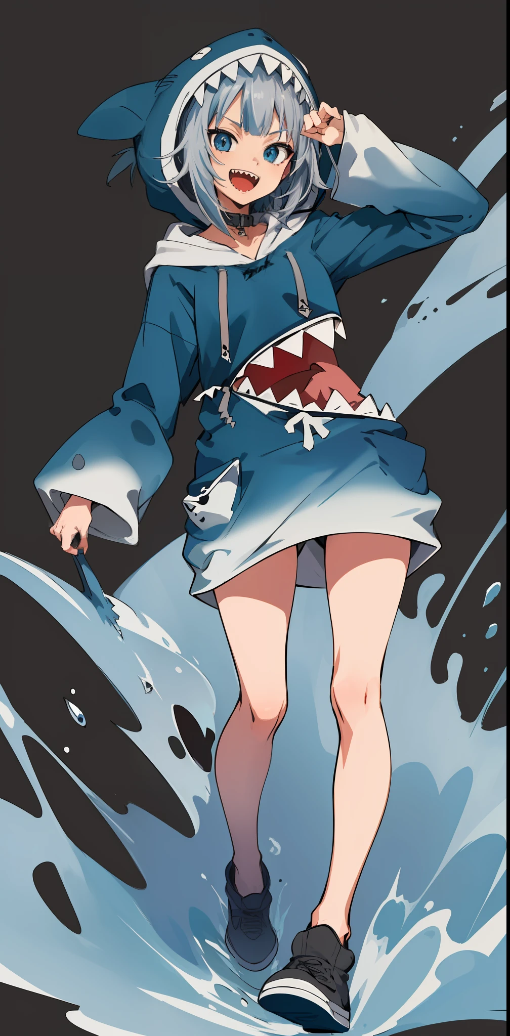 2d, masterpiece, best quality, anime, highly detailed, full body, 1girl, solo, gura_hoodie, blue hoodie, shark hood, standing, :d, sharp teeth, grey background, simple background