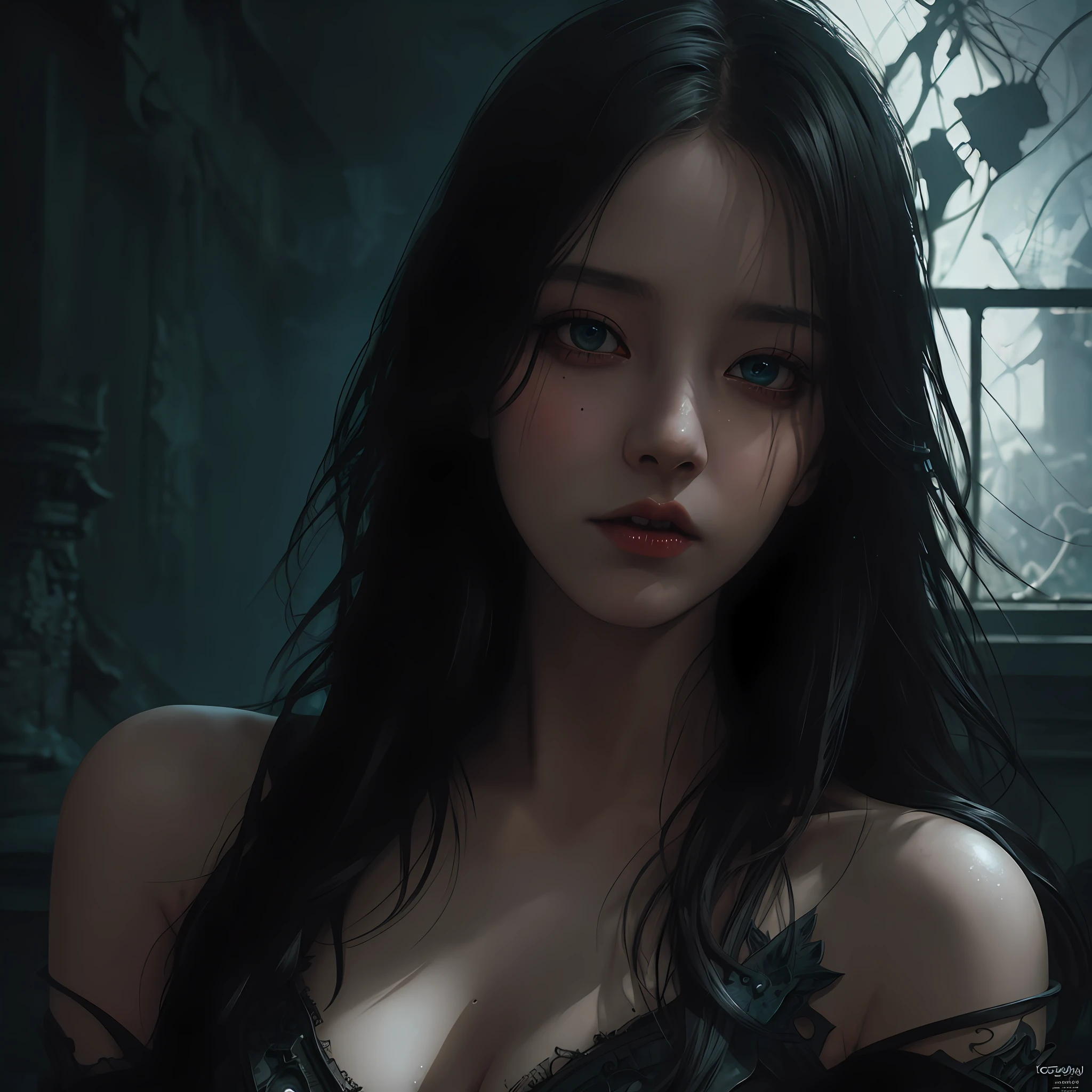 A sad woman wandering inside an abandoned building under a darkened sky, The room is sitting on her unmade bed, Light enters through only one window, so only a few objects and the beautiful body lines of the woman are visible., Dark theme, underworld theme, deviant art masterpiece, colour grading, dark illustration, extreme quality, extremely detailed, ultra-detailed face, ultra hd 8k, dark lightning, concept art portrait by Greg Rutkowski, artgerm, hyperdetailed, intricately detailed gothic art, triadic colours, fantastical, intricate detail, splash screen, complementary colours, fantasy concept art, 8k resolution, oil painting, heavy strokes, soft lighting, film photography, analogue photography, film grain, Anna Dittmann, hyperrealism, oil dripping