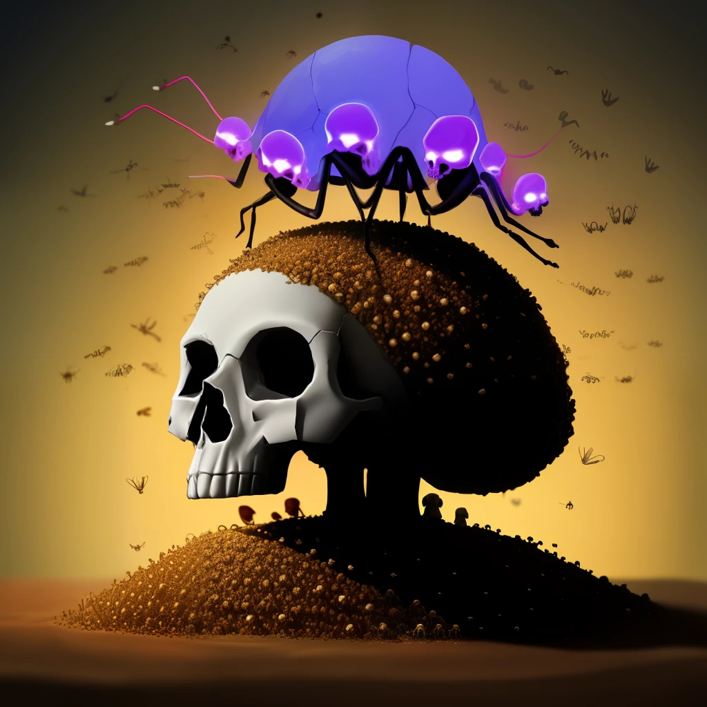 skull in shape of an anthill with flying ants around and magic lights