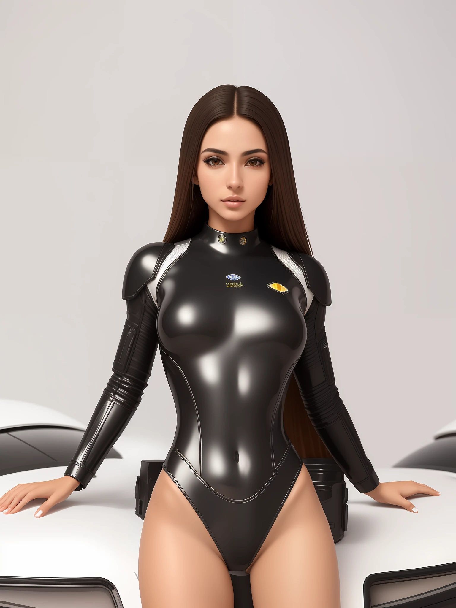 "(Masterpiece), ultra-detailed, best quality: uma modelo brasileira de 24 anos, petite, sexy e quente, vestindo spaceship comander suit, arms up, armpit, sci-fi, dramatic illumination