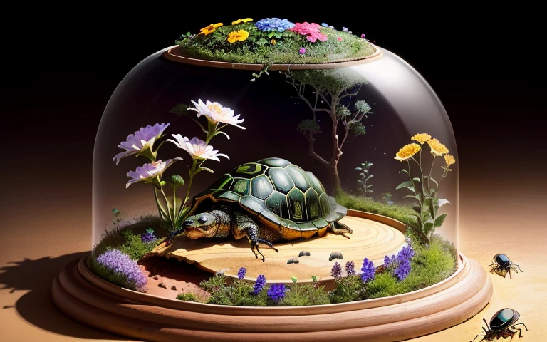 ant habitat is round, glass on back of tortoise, flowers.