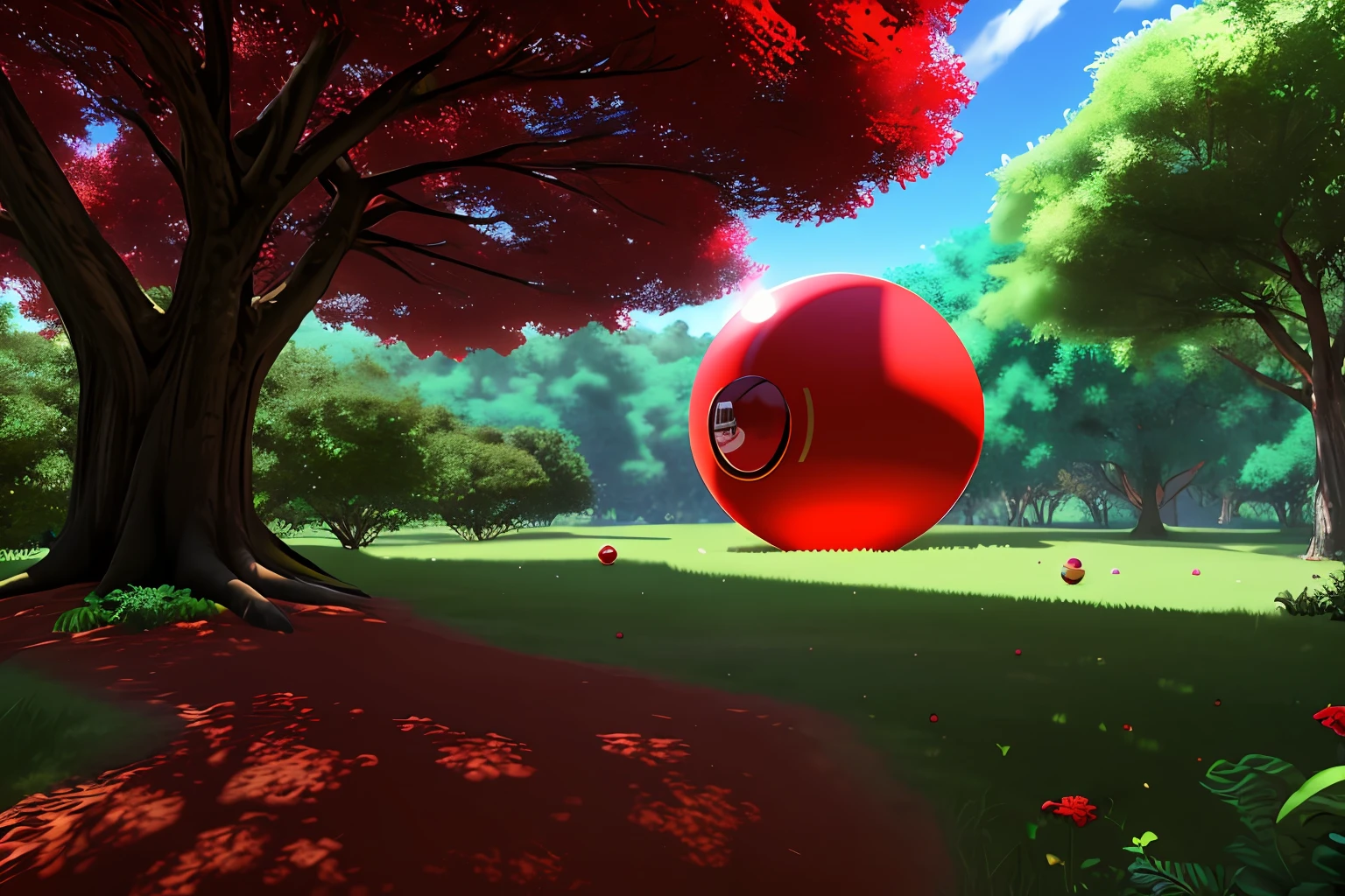a red poke ball shape ant hill with a huge tree in the paradise hd , HDR 4k, 8k upscale