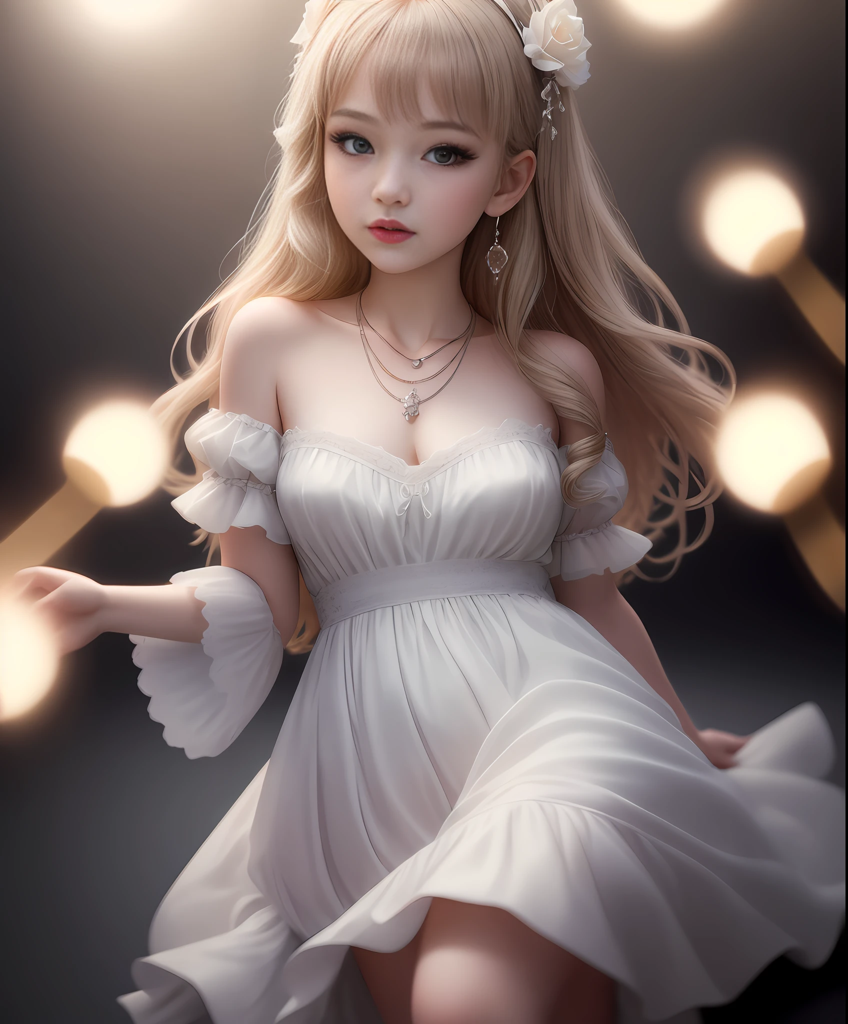 Best Quality, Masterpiece, High Resolution, 1girl, Porcelain Dress, Hair Accessories, Necklace, Jewelry, Pretty Face, On Body, Tyndall Effect, Realistic, Shadow Studio, Rim Lighting, Dual Tone Lighting, (High Detail Skins: 1.2), 8k UHD, dslr, soft light, high quality, volume light, sneak shot, photo, high resolution, 4k, 8k, background blur,