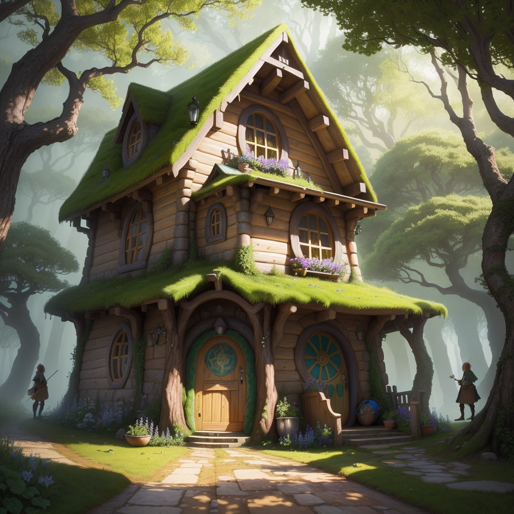 a skilled artwork hobbit house with some fairies near the tree and ant inspired fountain in front of it, realistic hd HDR 4k, upscale