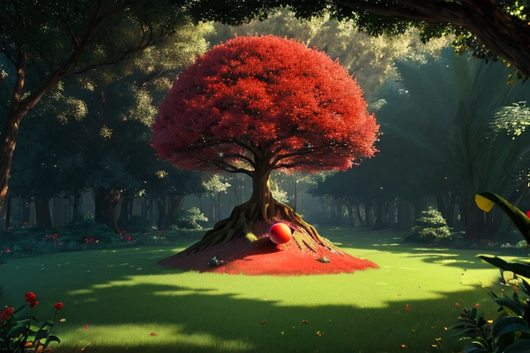 a red poke ball shape ant hill with a huge tree in the paradise hd , HDR 4k, 8k upscale