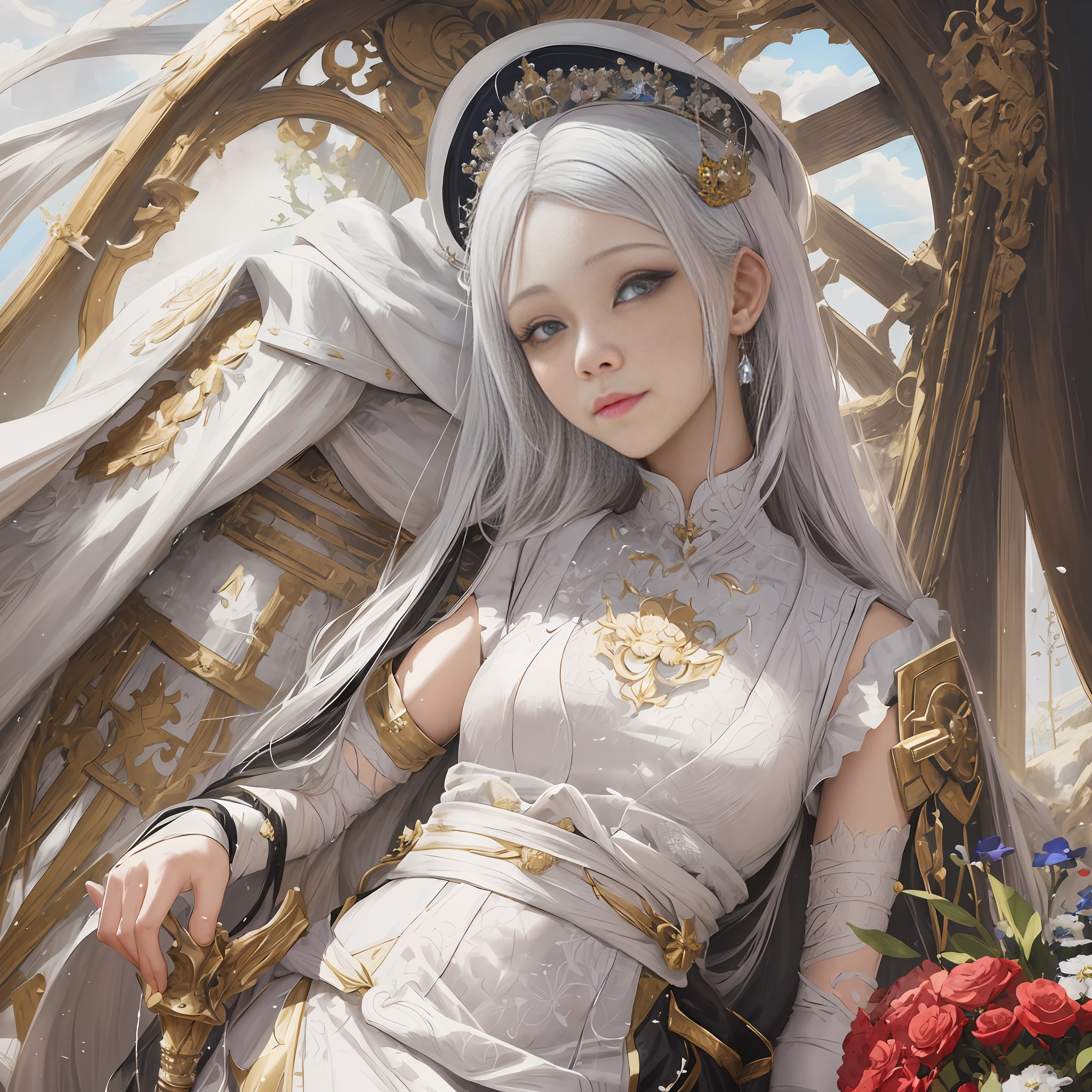 anime - style image of a woman in a white dress with a crown and a sword, white haired deity, yoshitakka amano karol bak, guweiz on pixiv artstation, guweiz on artstation pixiv, guweiz masterpiece, a beautiful fantasy empress, guweiz, karol bak uhd, anime fantasy artwork, detailed eyes, upper eyelish, little smile