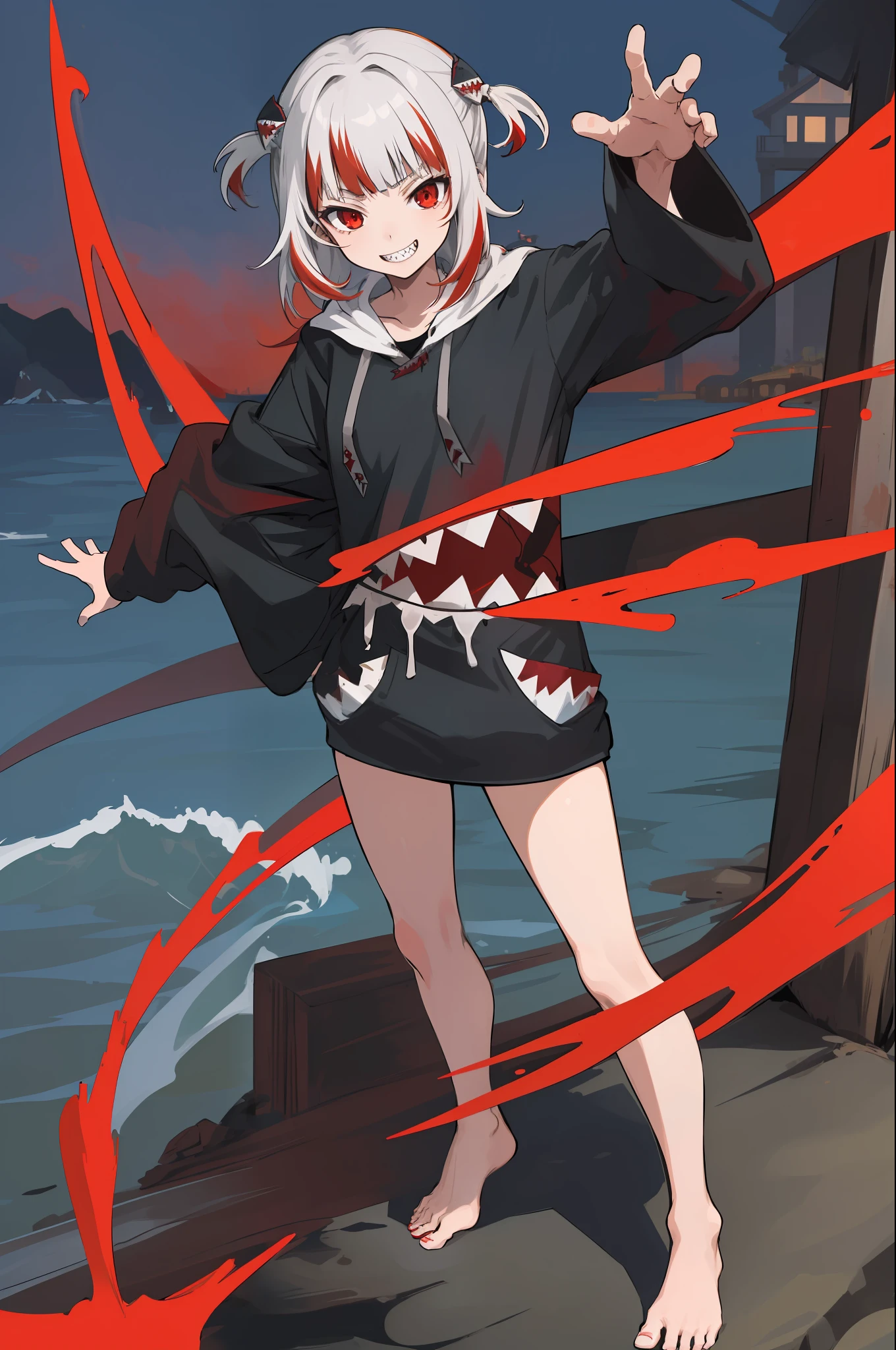 2d, masterpiece, best quality, anime, highly detailed, full body, 1girl, solo, gura_red, red eyes, red hair, streaked hair, black hoodie, two side up, shark hair ornament, sharp teeth, evil smile, shark tail, barefoot, dynamic pose, ocean, night