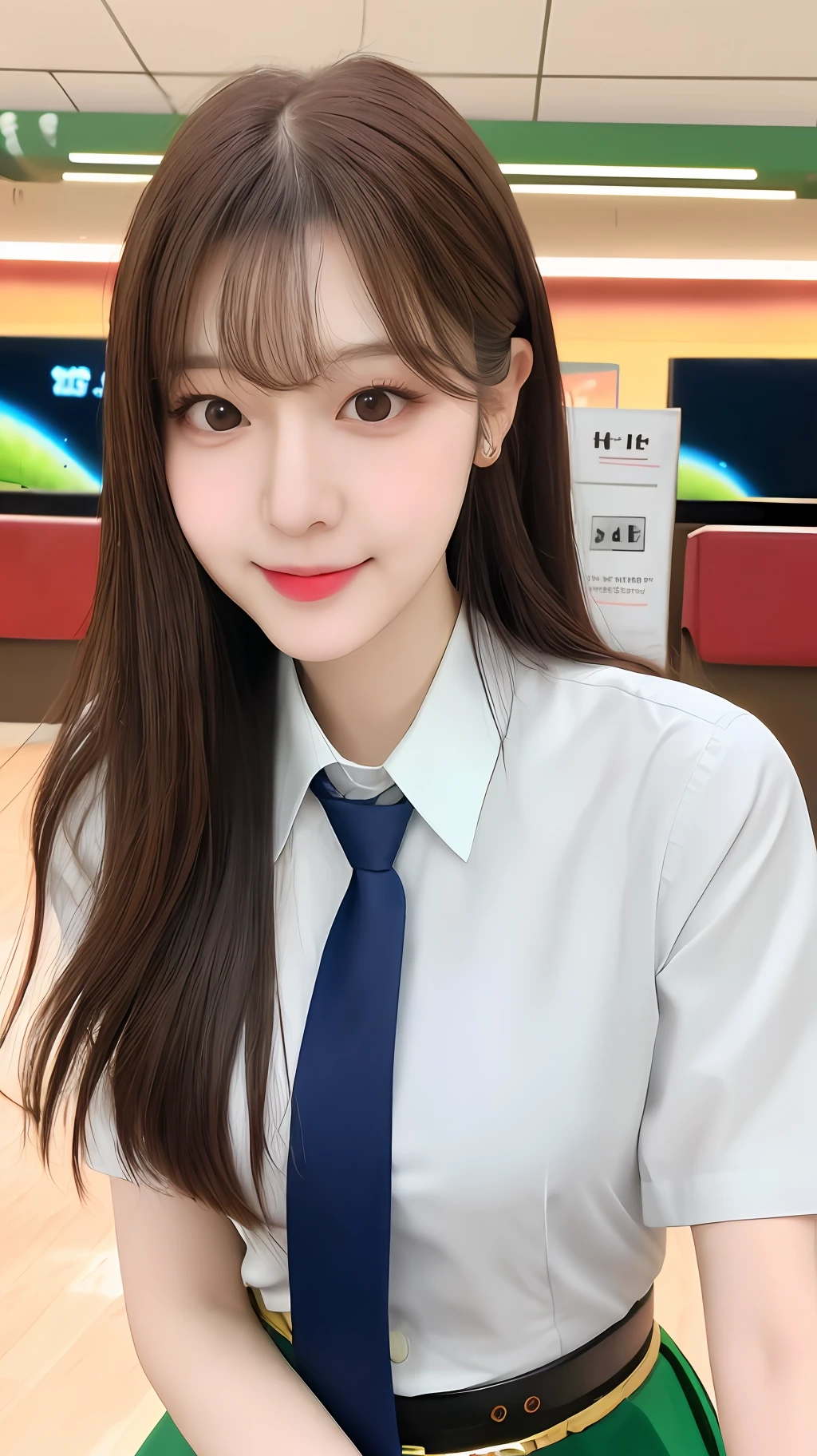 realistic photos of (1 cute Korean star) thin makeup, medium breasts size, slightly smile,wearing full colour waist tie shirt, in game center, single hair intake, clover hair ornament, first-person view, Eye-Level Shot, bloom, blurry, UHD, masterpiece, super detail, high quality, best quality, highres, 16k, 8k