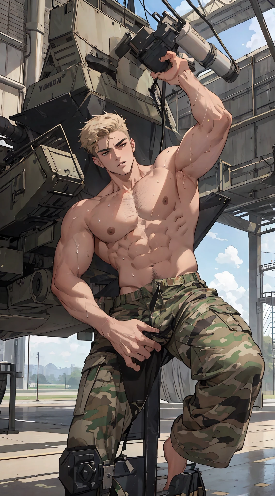 Shirtless (handsome), sporty, military, pretty perfect face, cut short hairstyle, (furry body), camouflage pants, inside triangles, barefoot, foot focus, beautiful feet, industrial background, (sweat), tired, (masterpiece), best quality, highest detail, superior quality, natural lighting, beauty, y, correct anatomy, good composition, masculine shape, masculine, rough, bulge, huge bulge
