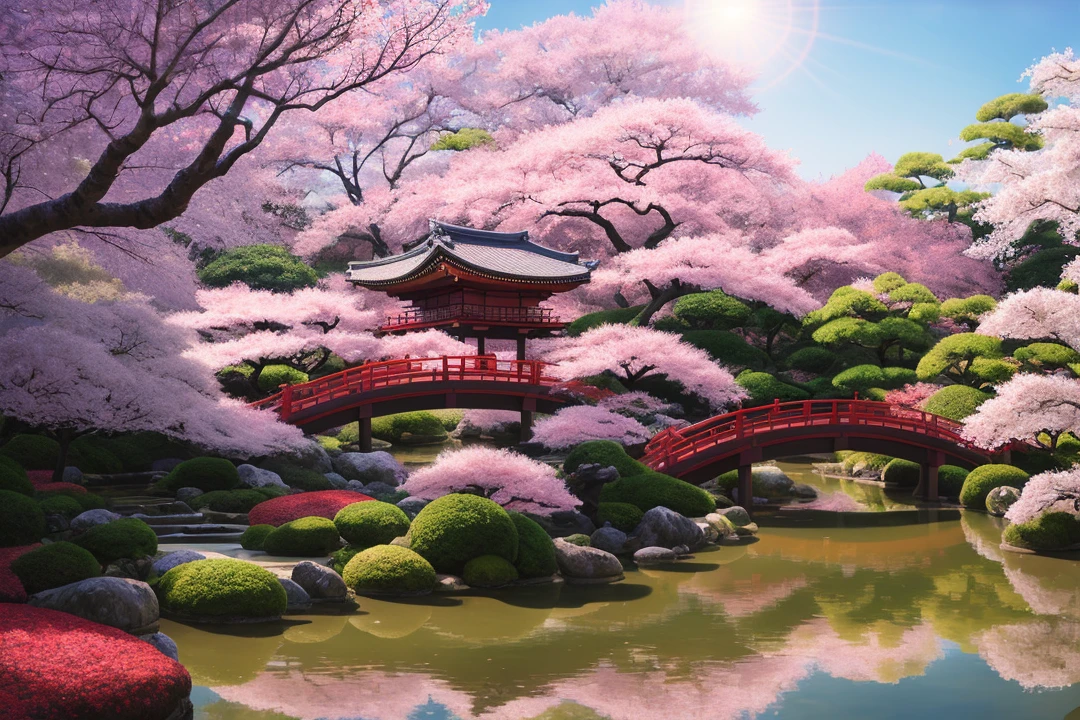 (digital painting),(best quality), serene Japanese garden, cherry blossoms in full bloom, koi pond, footbridge, pagoda, Ukiyo-e art style, Hokusai inspiration, Deviant Art popular, 8k ultra-realistic, pastel color scheme, soft lighting, golden hour, tranquil atmosphere, landscape orientation