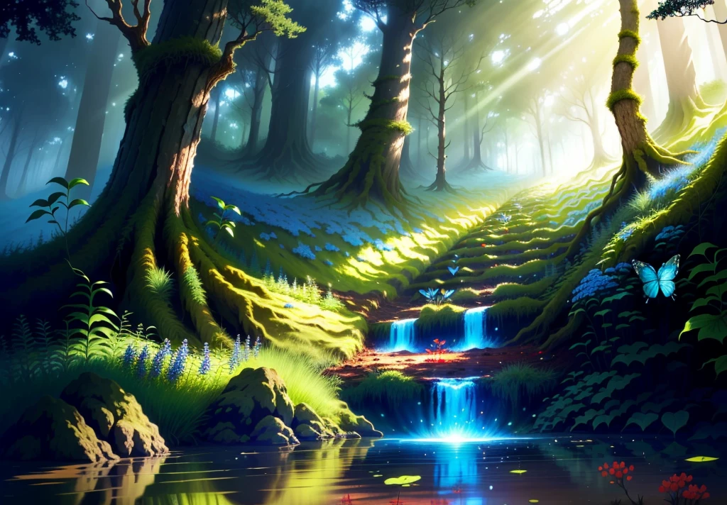In a forest, the sun shines through the crown of the trees, in the middle of the picture a large blue butterfly sits on a tiny anthill overgrown with many small red flowers.
