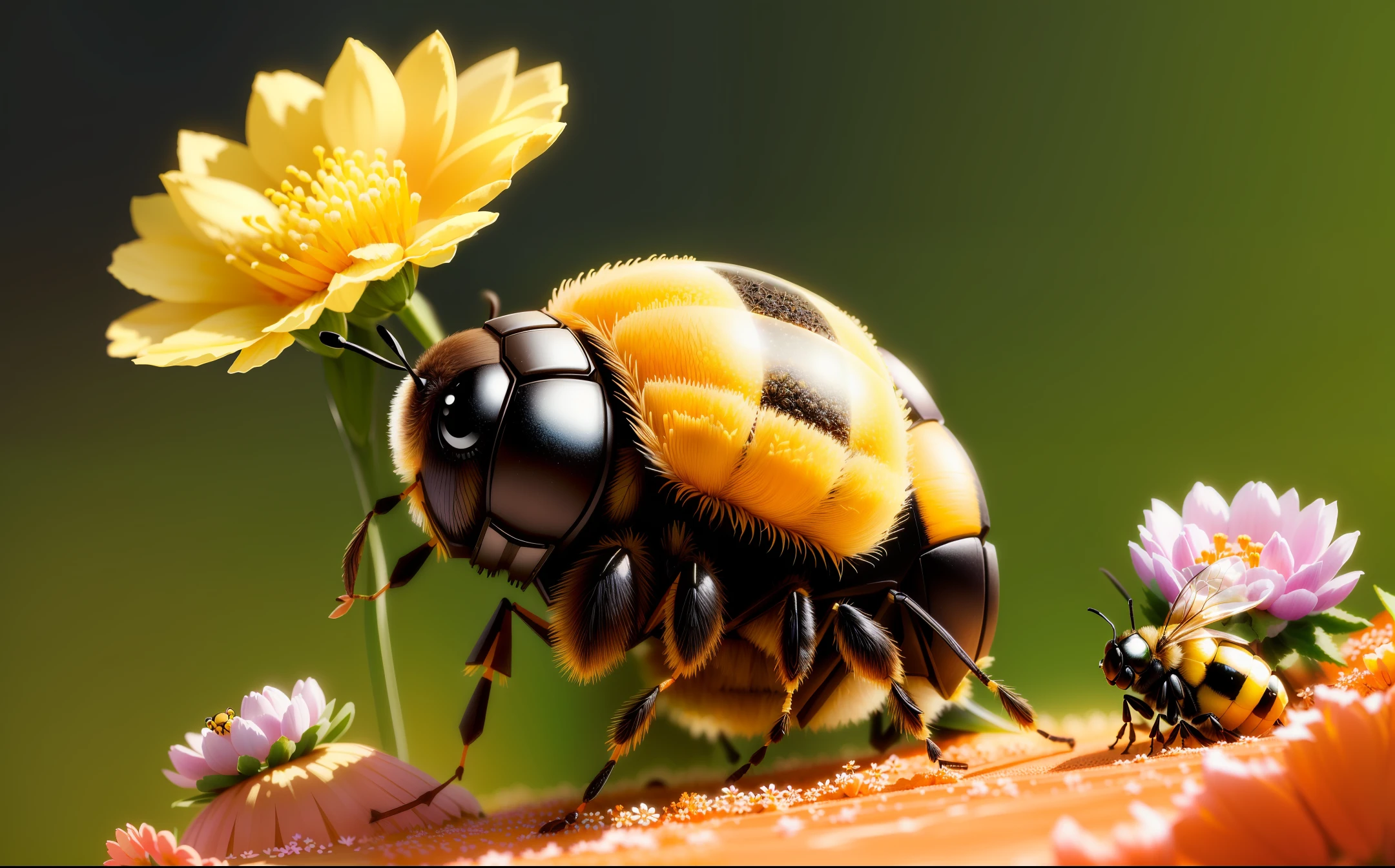 a cute puffy bee formed by various flowers, guarding an anthill with the acher ant and carrier ant around it, hd, real, upscale