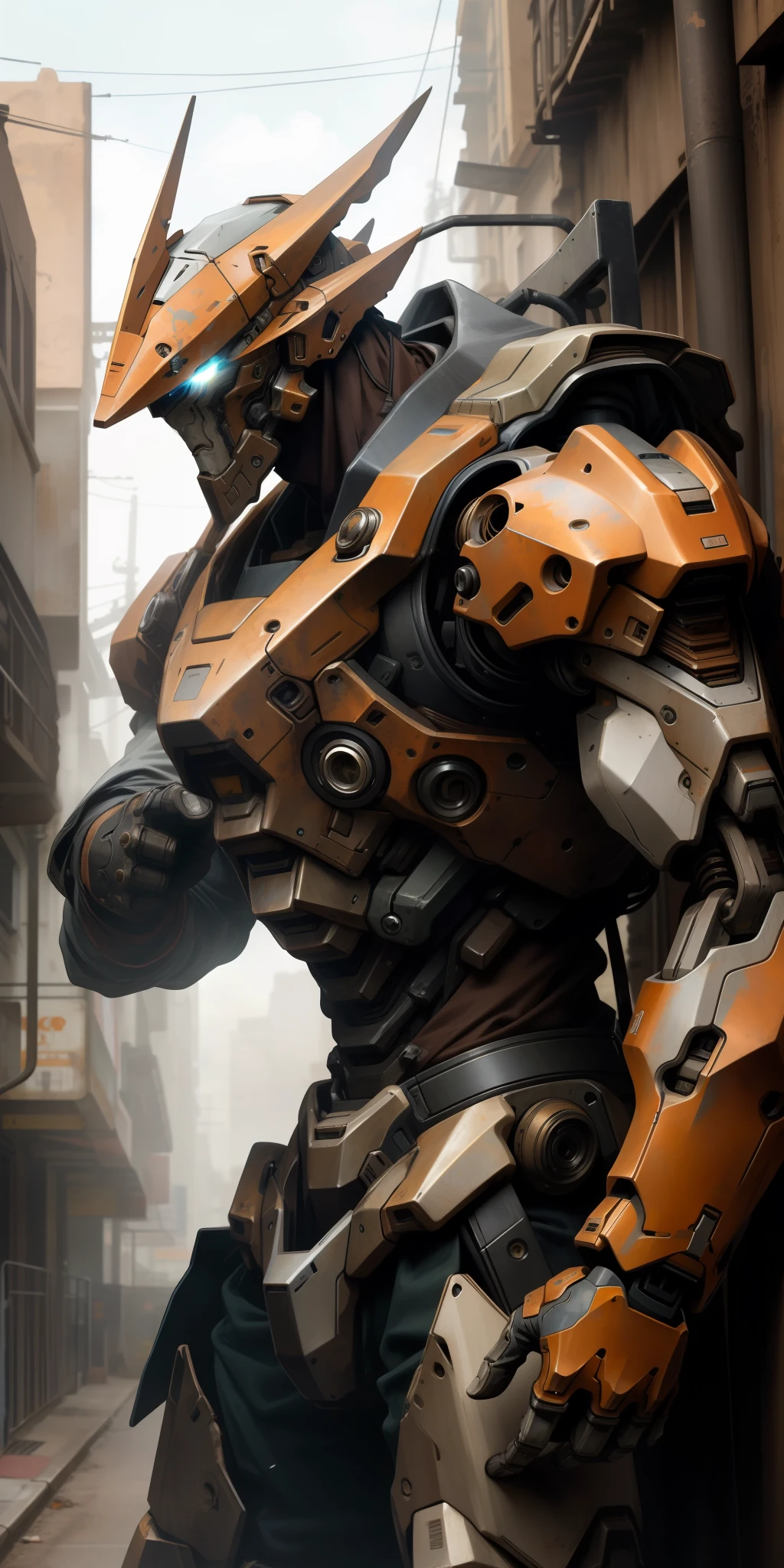 Portrait photo of an alpha male, perfect eyes, in a worn mecha suit, intricate, (steel metal [rust]), elegant, sharp focus, photo by greg rutkowski, soft lighting, vibrant colors, masterpiece, ((streets)), cowboy shot, dynamic pose,