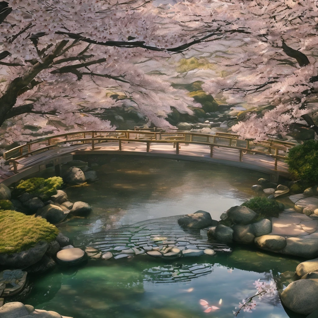 (digital painting),(best quality), serene Japanese garden, cherry blossoms in full bloom, koi pond, footbridge, pagoda, Ukiyo-e art style, Hokusai inspiration, Deviant Art popular, 8k ultra-realistic, pastel color scheme, soft lighting, golden hour, tranquil atmosphere, landscape orientation