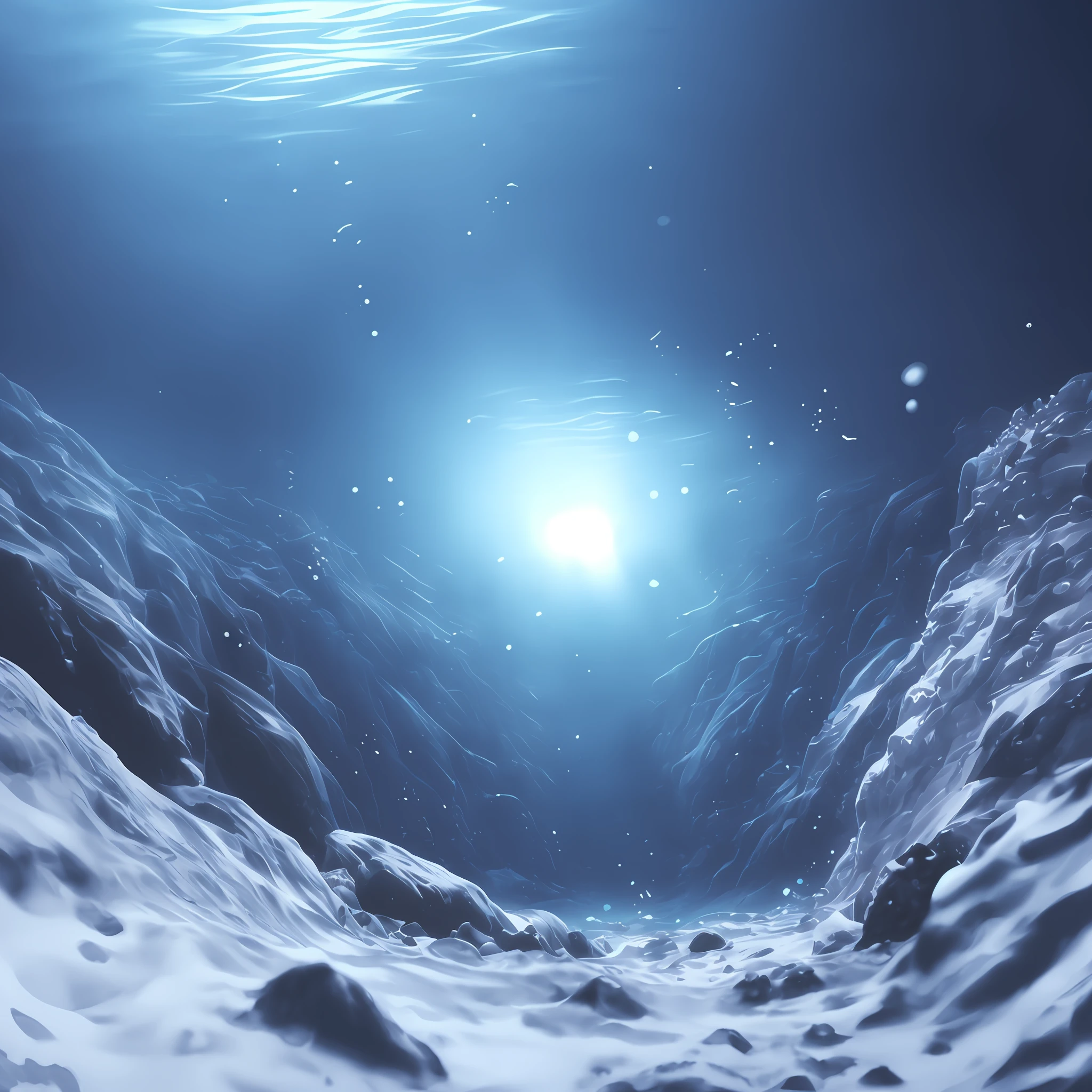 there is a snow covered mountain with a bright light in the middle, deep environment, underwater environment, highly detailed digital painting, in an icy cavern, very detailed digital painting, 4k highly detailed digital art, undersea environment, snow cave, bubbly underwater scenery, bottom of ocean, deep underwater scene, underwater scene, volumetric light water, volumetric underwater lighting, realism