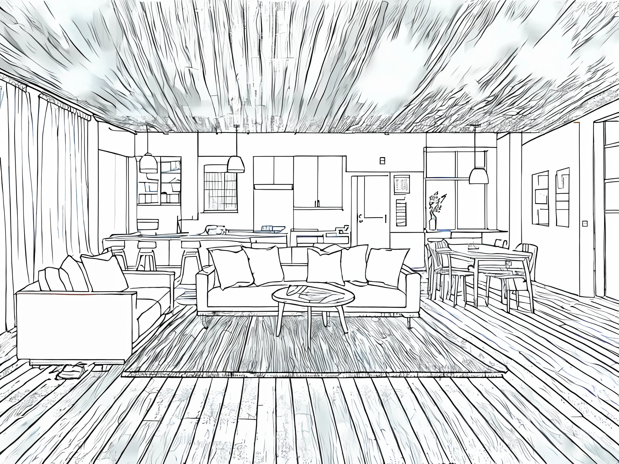 a sketch of a beautiful modern living room, (((foster and partners, artists impression, artistic impression, by Hamish MacDonald, by Carey Morris, by David Brewster, higher detailed illustration, by Helen Berman, an illustration, detailed illustration, by Nick Fudge, by Warren Mahy, artist's impression))), a red kitchen cabinet behind the white sofa, with minimal pictures on the wall, linen curtain next to the classroom window, coffee table, modern wood, ceiling with magnetic emissive lighting, white fabric PRB textures, wooden floor PRB texture,