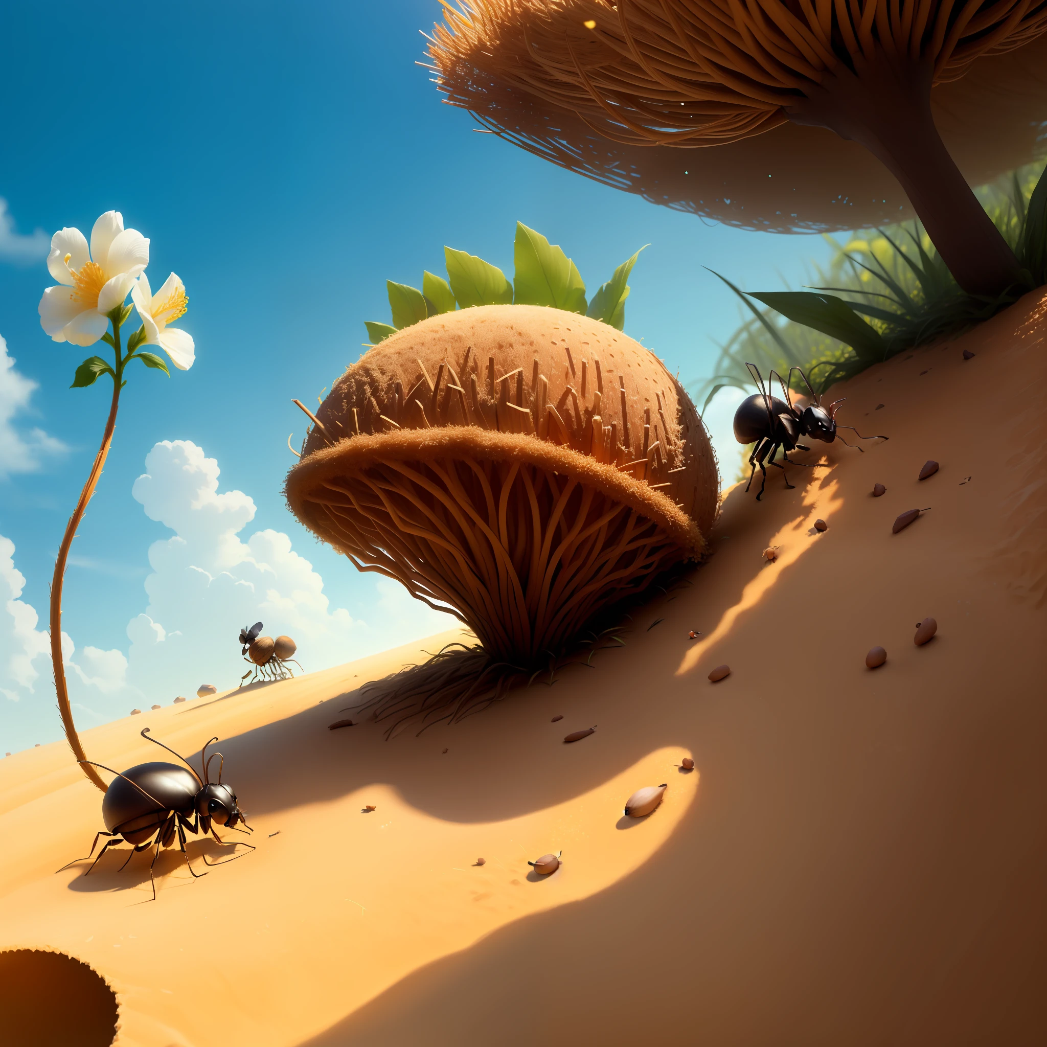 coconut as anthill with a straw in it and an ant walking on the straw,some flower,aesthetic,variation
