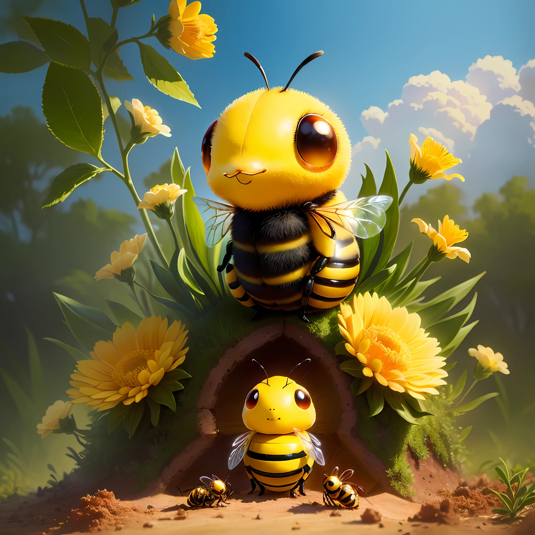 a cute puffy bee formed by various flowers, guarding an anthill with the acher ant and carrier ant around it, hd, real, upscale