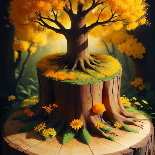Ant hill in a tree stump surrounded by orange and yellow flowers