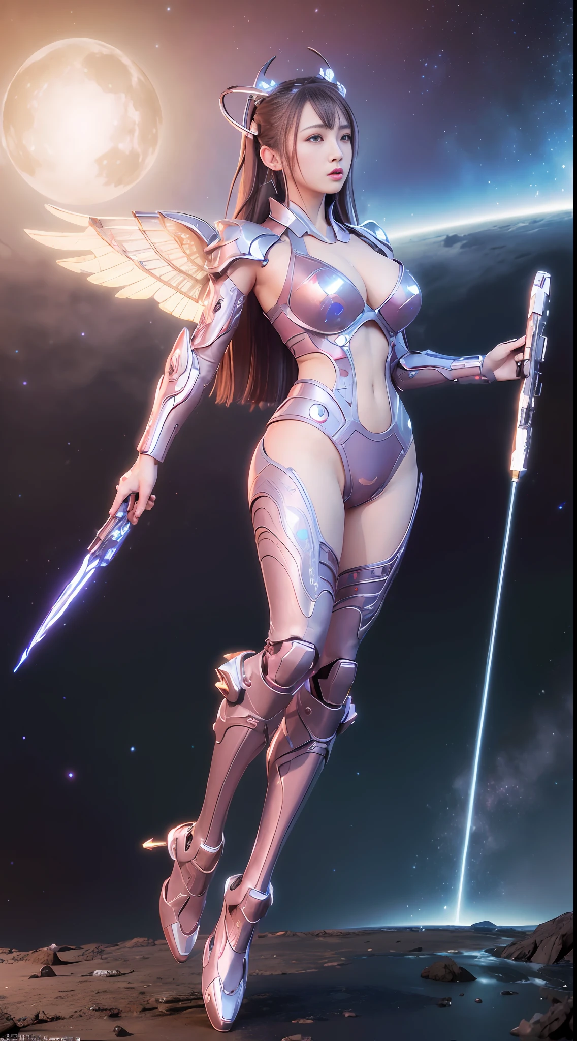 ((Best quality)), ((masterpiece)), (highly detailed:1.3), 3D, beautiful, (cyberpunk:1.2), in space, nebula, holding_weapon, laser, (1Female mecha:1.3), sexy body, facing the audience, Glowing eyes, full body, (flying, swooping down, dynamic, motion blur: 1.4), (huge mech wings: 1.6), looking up, glowing_eyes, mecha, panorama, background is earth, nebula, space, particles, Reality, HDR (High Dynamic Range), Ray Tracing, NVIDIA RTX, Super Resolution, Unreal 5, Subsurface Scattering, PBR Textures, Post Processing, Anisotropic Filtering, Depth of Field, Maximum Clarity and Clarity, Multilayer Textures, Albedo and Specular maps, Surface shading, accurate simulation of light-material interaction, perfect proportions, Octane Render, two-tone lighting, large aperture, low ISO, white balance, rule of thirds, 8K RAW, efficient sub-pixel, sub-pixel volume product, (best quality),(Japanese:0.5),(korean:0.8), (Liu Yi Fei:1.5) long hair, (big breast:1.2)