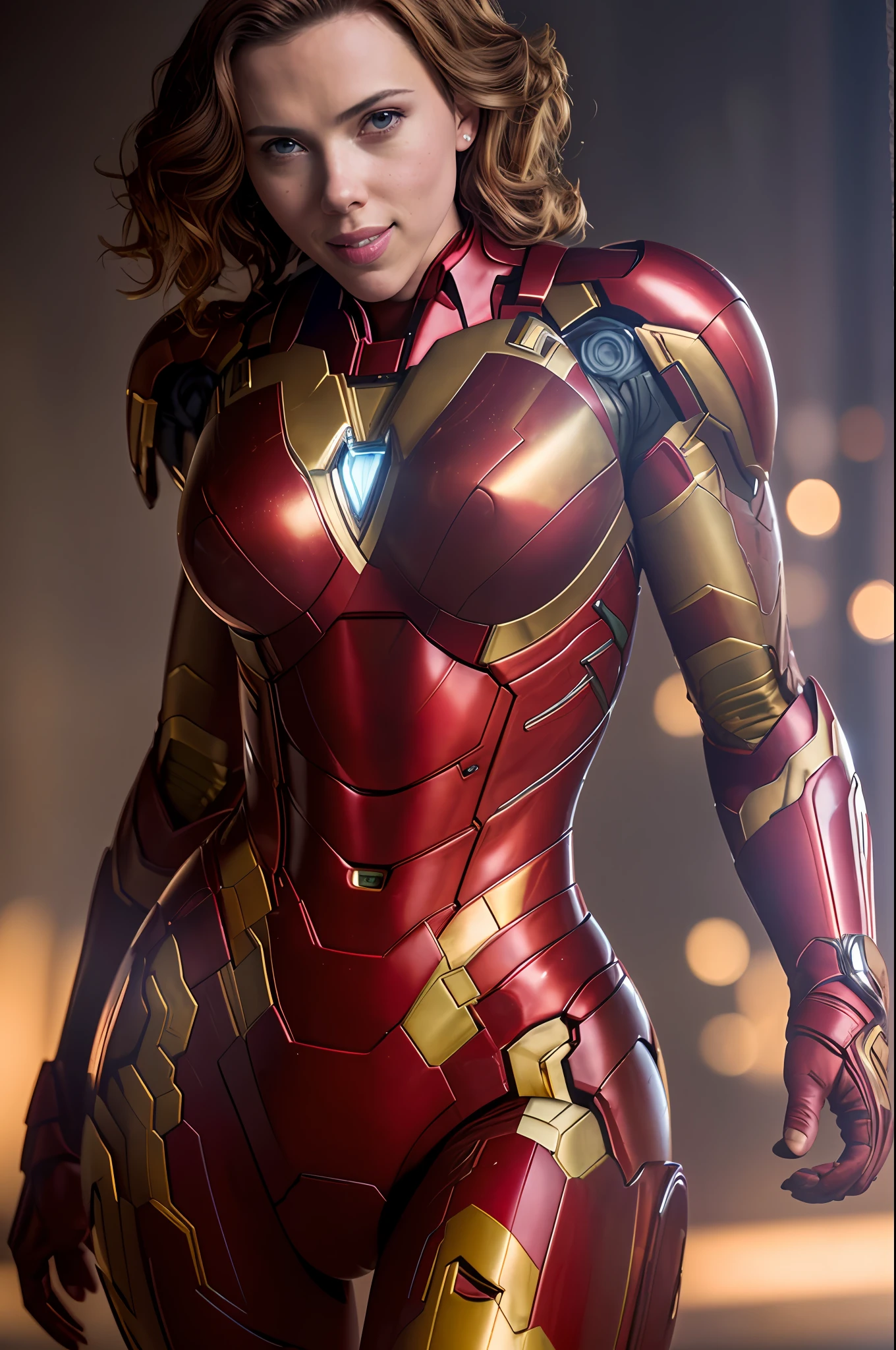 sexy Scarlett Johansson woman in Iron Man suit, Night, soft lighting, dynamic angle, realistic lighting, smiling, happy, Wonder Woman movie scene background, photo by Brooke DiDonato, (natural skin texture, hyperrealism, soft light, sharp :1.2), (intricate details:1.12), hdr masterpiece, best quality, (highly detailed photo:1.1), 8k, photorealistic, (SFW),