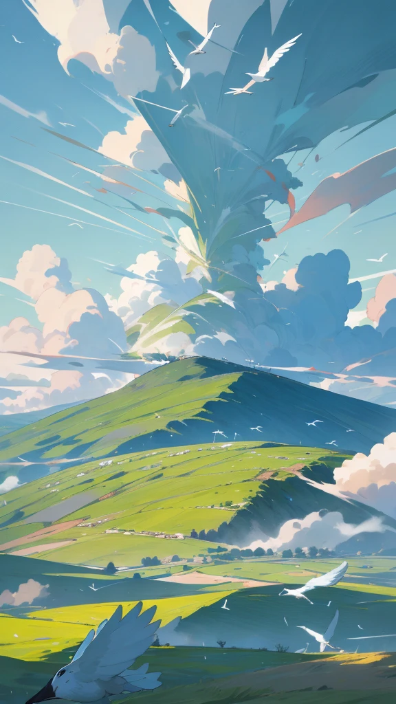 Poster design, the wind gently blows through the green grass, and in the distance is a large area of neatly arranged farmland, as well as mountains, the sky is very blue, a large beautiful cloud, and migratory birds fly by in the sky