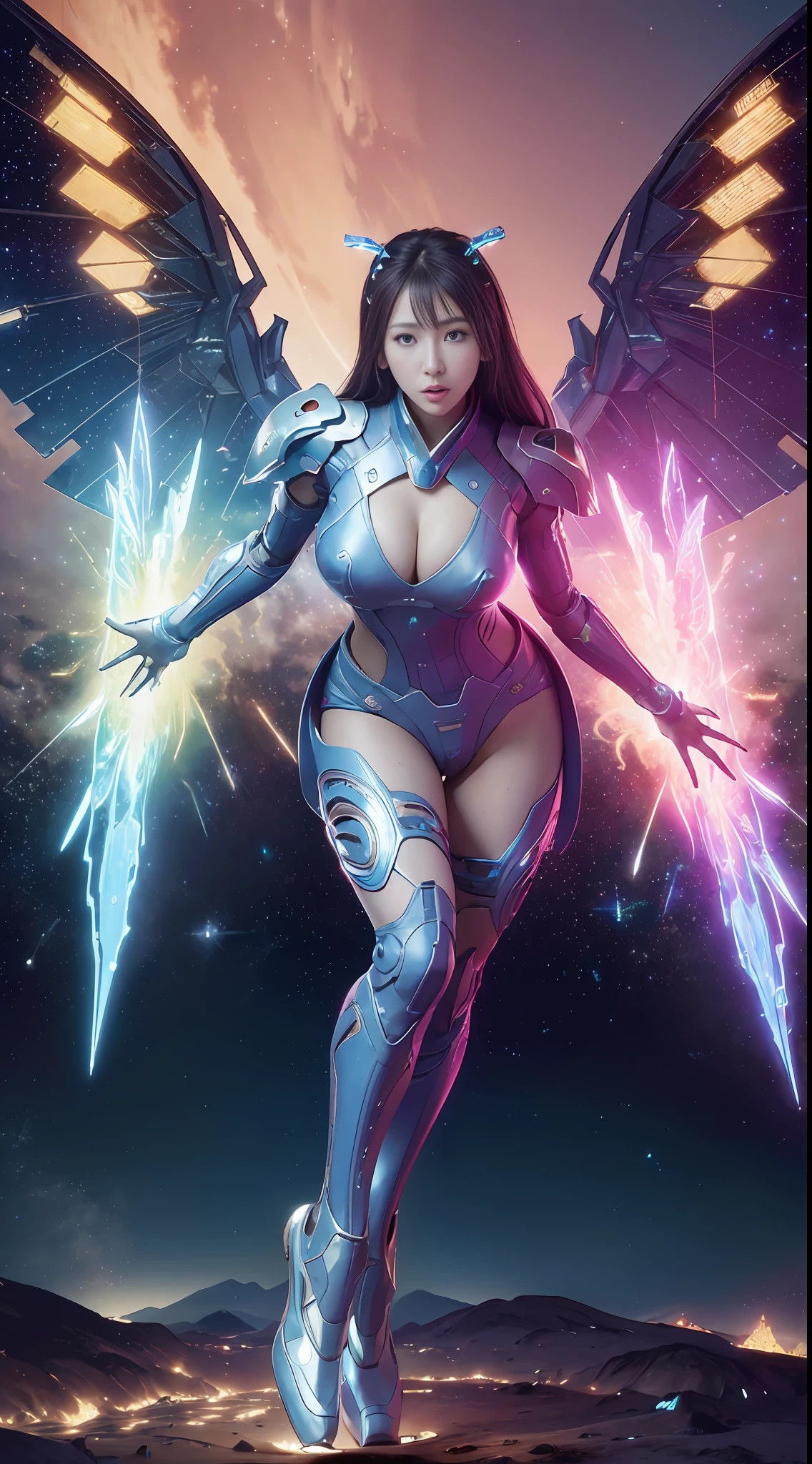 ((Best quality)), ((masterpiece)), (highly detailed:1.3), 3D, beautiful, (cyberpunk:1.2), in space, nebula, holding_weapon, laser, (1Female mecha:1.3), sexy body, facing the audience, Glowing eyes, full body, (flying, swooping down, dynamic, motion blur: 1.4), (huge mech wings: 1.6), looking up, glowing_eyes, mecha, panorama, background is earth, nebula, space, particles, Reality, HDR (High Dynamic Range), Ray Tracing, NVIDIA RTX, Super Resolution, Unreal 5, Subsurface Scattering, PBR Textures, Post Processing, Anisotropic Filtering, Depth of Field, Maximum Clarity and Clarity, Multilayer Textures, Albedo and Specular maps, Surface shading, accurate simulation of light-material interaction, perfect proportions, Octane Render, two-tone lighting, large aperture, low ISO, white balance, rule of thirds, 8K RAW, efficient sub-pixel, sub-pixel volume product, (best quality),(Japanese:0.5),(korean:0.8), (Liu Yi Fei:1.5), long hair, (big breast:1.2)