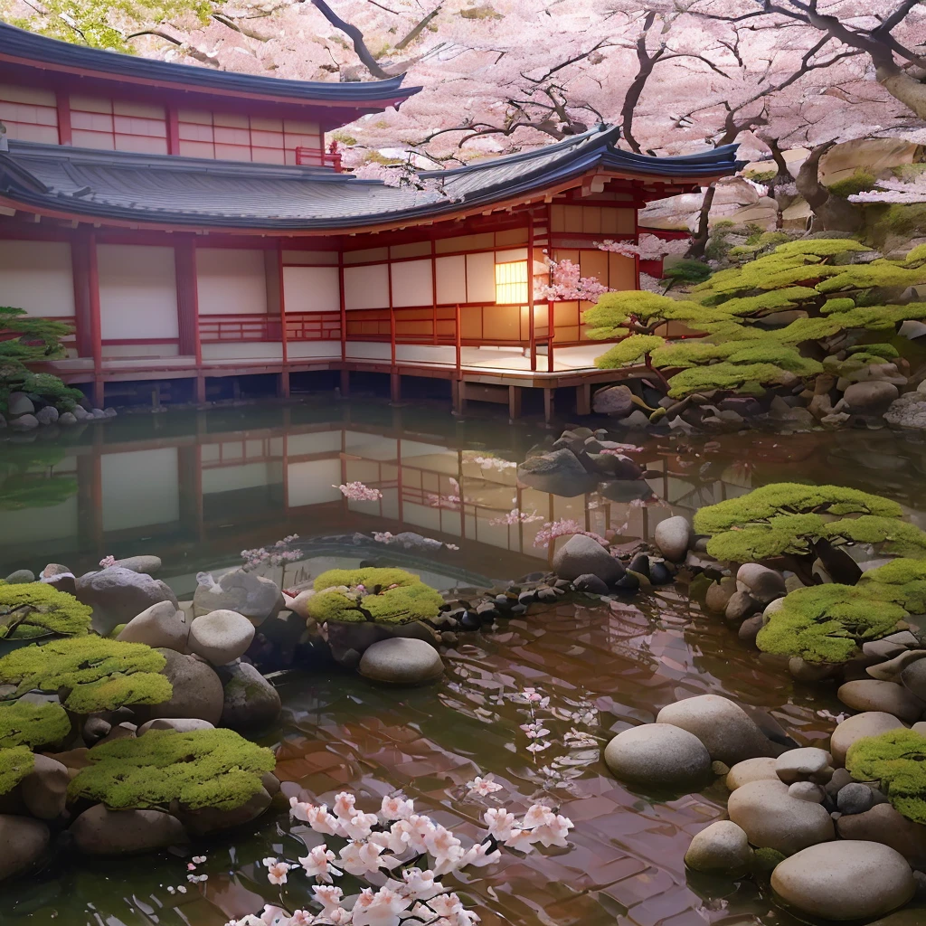 (Ultra Realistic), (Best Quality) (Hyper-Realism), Tranquil Japanese Garden, Blooming Cherry Blossoms, Koi Pond, Footbridge, Pagoda, Ukiyo-e Art Style, Katsushika Hokusai Inspiration, Deviant Art popular, 8k Hyper-Realism, Soft Color Scheme, Soft Lighting, Golden Hour, Tranquil Atmosphere, Transverse, Sparkling Water