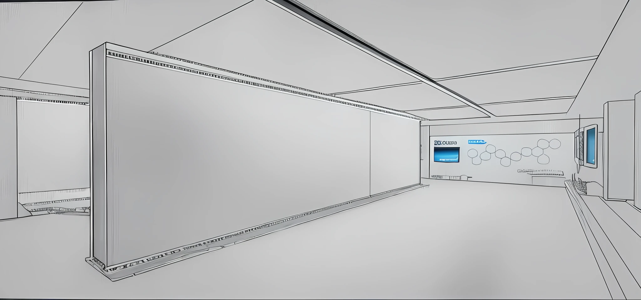 A drawing of the photo wall of a corporate exhibition hall, straight camera view, lamp film ceiling, and in the middle is the exhibition hall photo wall