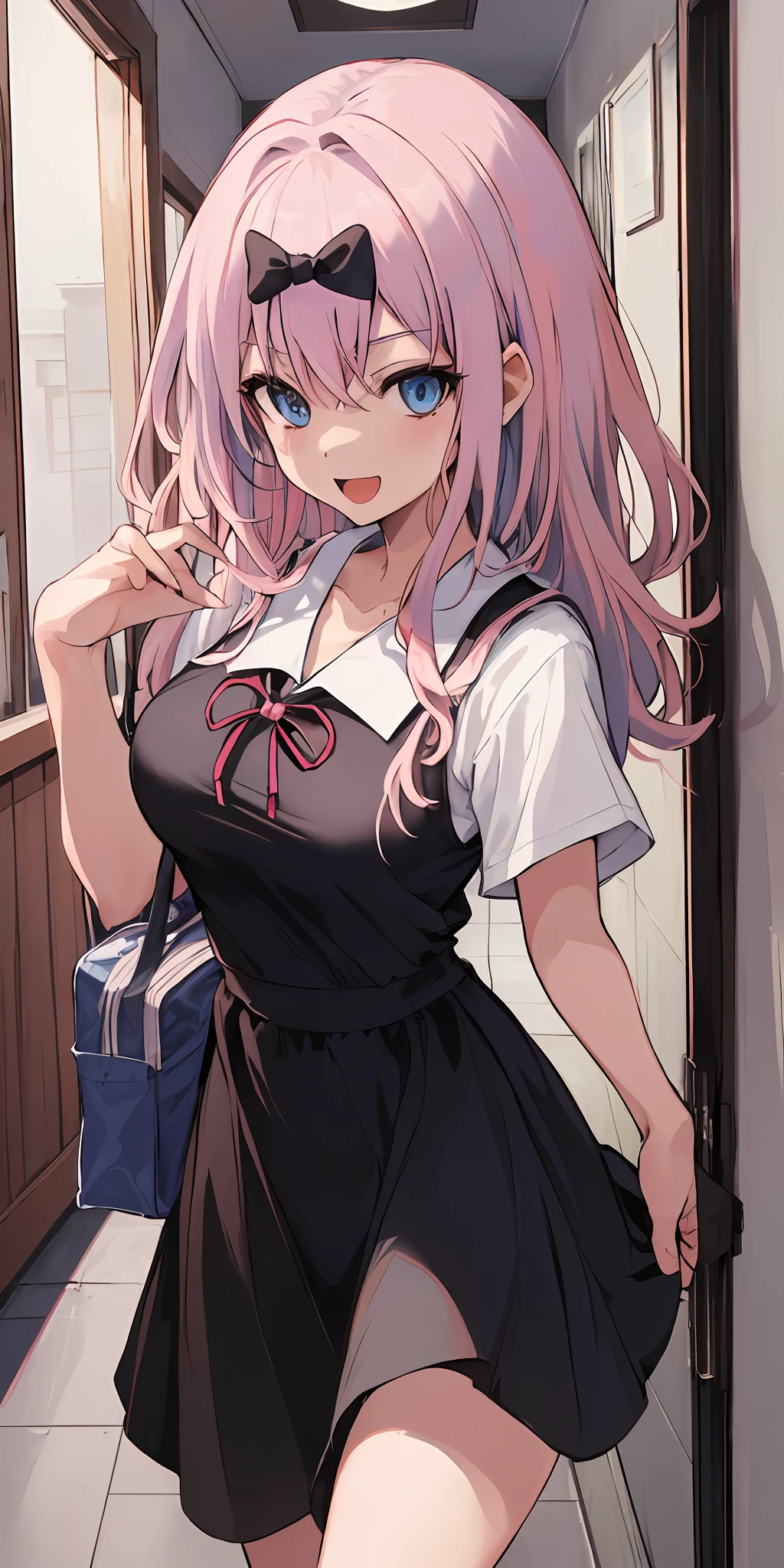 2d, masterpiece, best quality, anime, highly detailed, cowboy shot, 1girl, solo, fujiwara chika, blue eyes, pink hair, hair bow, black bow, school uniform, summer uniform, large breasts, standing, indoors, hallway, :d