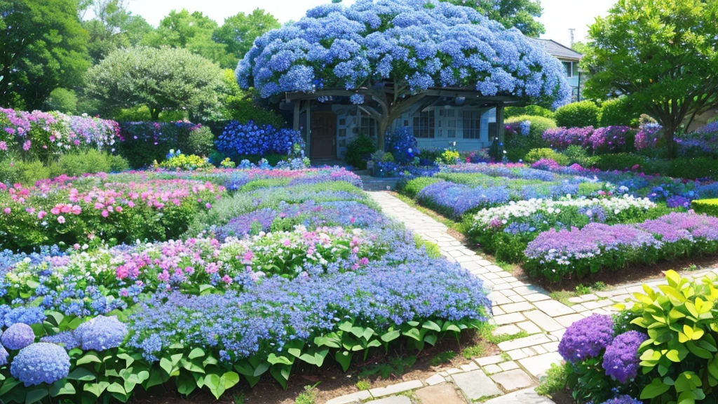 there are many different types of flowers in the garden, blue flowers bloomed all over, incredibly beautiful, blue and purple plants, blue flowers, vibrant but dreary blue, with soft bushes, tones of blue and green, more and more flowers, indigo blooming flowers garden, lots of flowers, hydrangea, blue border, lots of plants and flowers, beautiful image