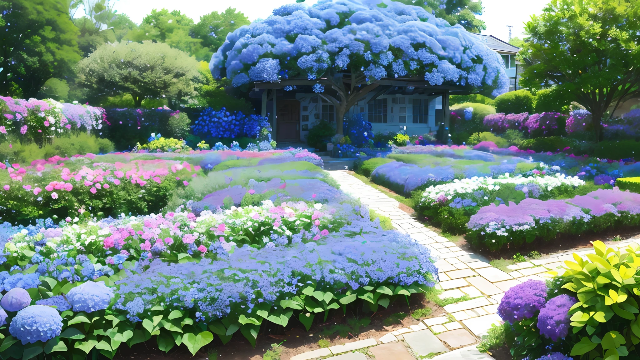 there are many different types of flowers in the garden, blue flowers bloomed all over, incredibly beautiful, blue and purple plants, blue flowers, vibrant but dreary blue, with soft bushes, tones of blue and green, more and more flowers, indigo blooming flowers garden, lots of flowers, hydrangea, blue border, lots of plants and flowers, beautiful image