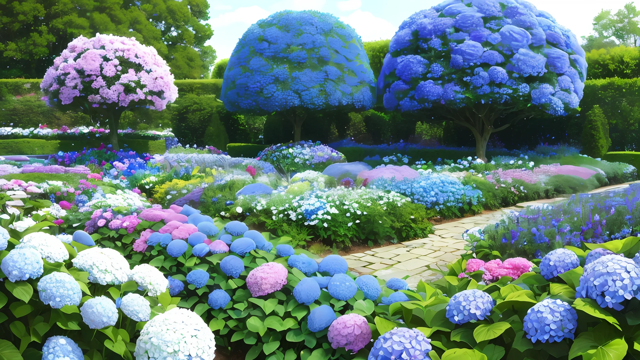 there are many different types of flowers in the garden, blue flowers bloomed all over, incredibly beautiful, blue and purple plants, blue flowers, vibrant but dreary blue, with soft bushes, tones of blue and green, more and more flowers, indigo blooming flowers garden, lots of flowers, hydrangea, blue border, lots of plants and flowers, beautiful image