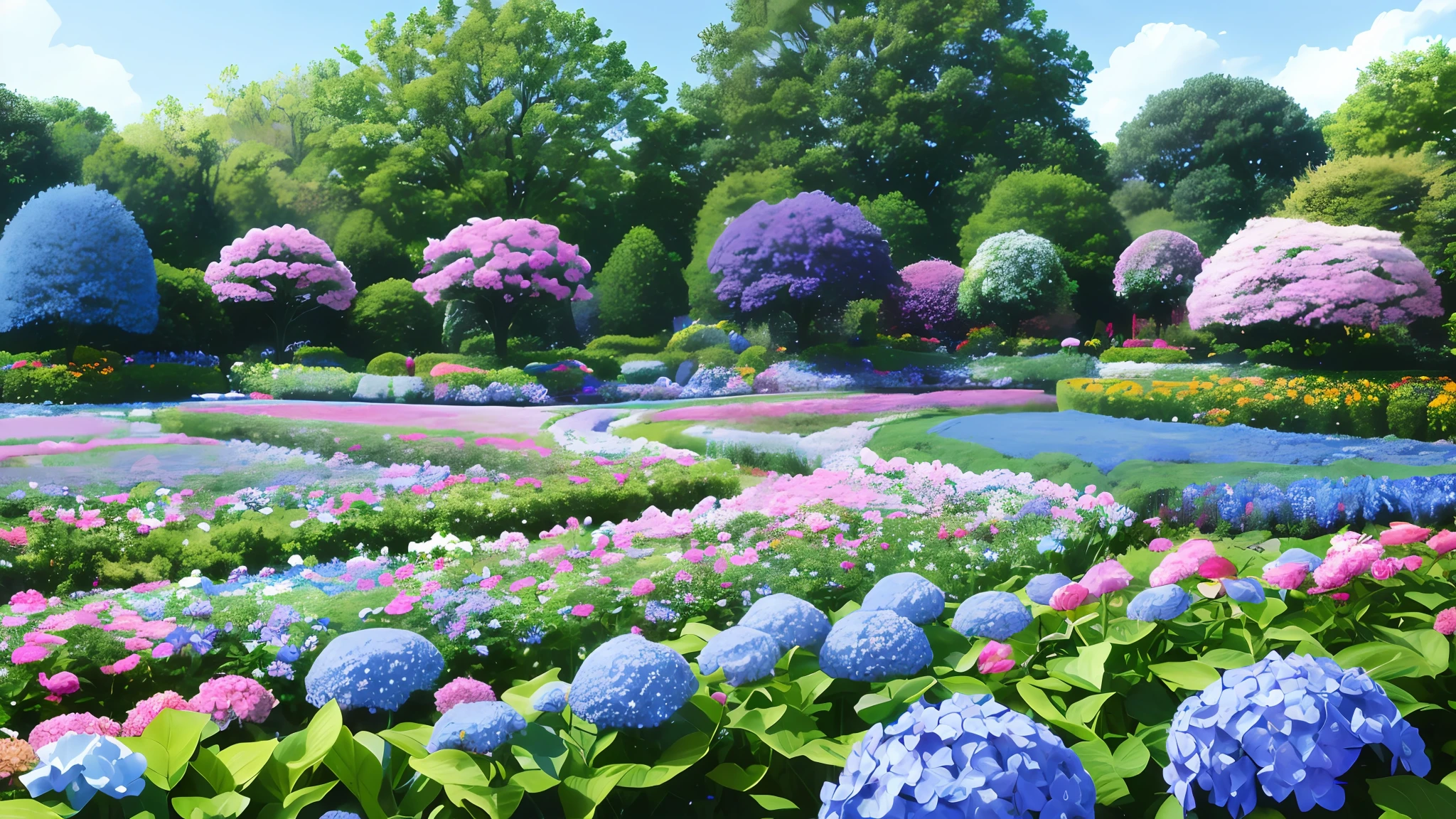 there are many different types of flowers in the garden, blue flowers bloomed all over, incredibly beautiful, blue and purple plants, blue flowers, vibrant but dreary blue, with soft bushes, tones of blue and green, more and more flowers, indigo blooming flowers garden, lots of flowers, hydrangea, blue border, lots of plants and flowers, beautiful image