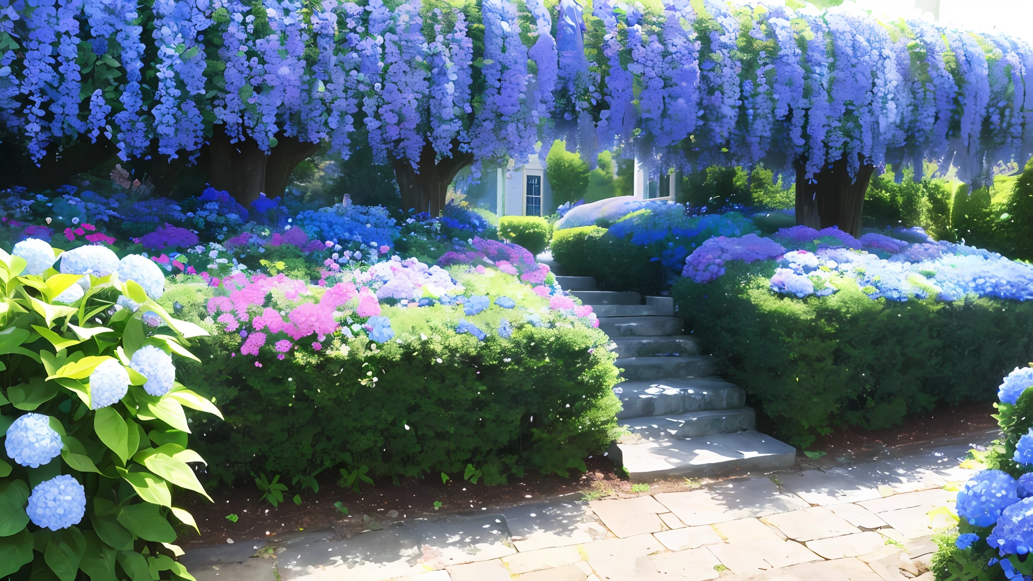 there are many different types of flowers in the garden, blue flowers bloomed all over, incredibly beautiful, blue and purple plants, blue flowers, vibrant but dreary blue, with soft bushes, tones of blue and green, more and more flowers, indigo blooming flowers garden, lots of flowers, hydrangea, blue border, lots of plants and flowers, beautiful image