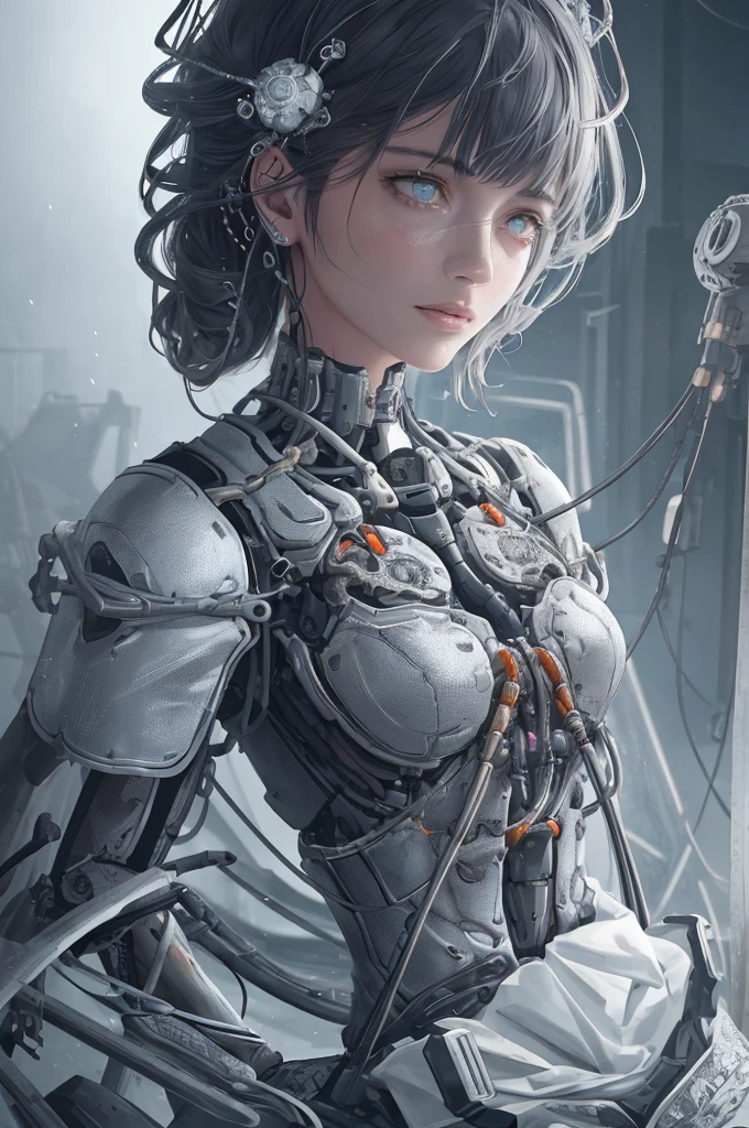 1 mechanical girl, ((super realistic details)), portrait, global illumination, shadows, octane rendering, 8k, super sharp, metallic, complex, ornamental detailed, cool colors, Egyptian details, highly complex details, realistic light, CGsociety trend, glowing eyes, facing camera, neon details, mechanical limbs, blood vessels attached to tubes, mechanical vertebrae attached to the back, mechanical cervical vertebrae attached to the neck, sitting, wires and cables attached to the head, normal eyes, black pupils