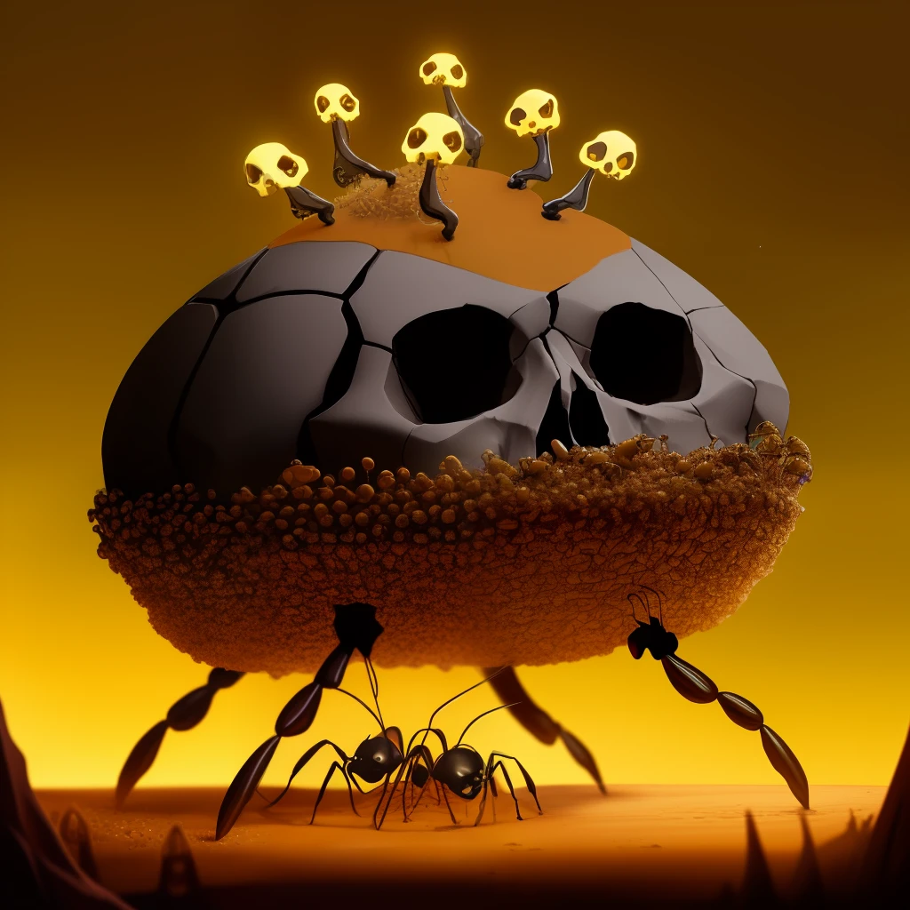 skull in shape of an anthill with flying ants around and magic lights
