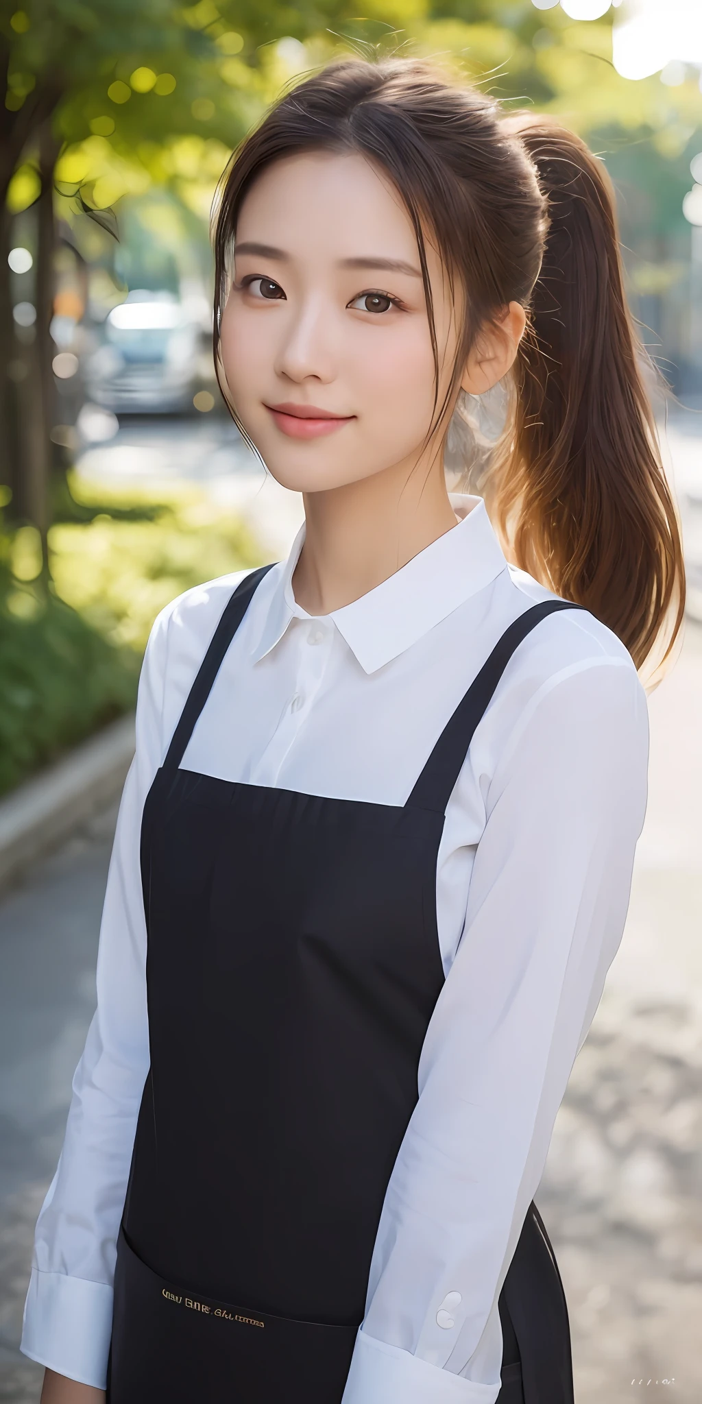 ((top quality, 32k, masterpiece: 1.3)), portrait, sharp focus, 1 girl, 18 years old, pretty woman with perfect figure: 1.4, slender abs: 1.1, ((dark brown hair, big: 1.2)), (white shirt, black apron: 1.3), street, ultra detailed face, detailed eyes, double eyelids, gentle smile, ponytail, sunlight, natural light,