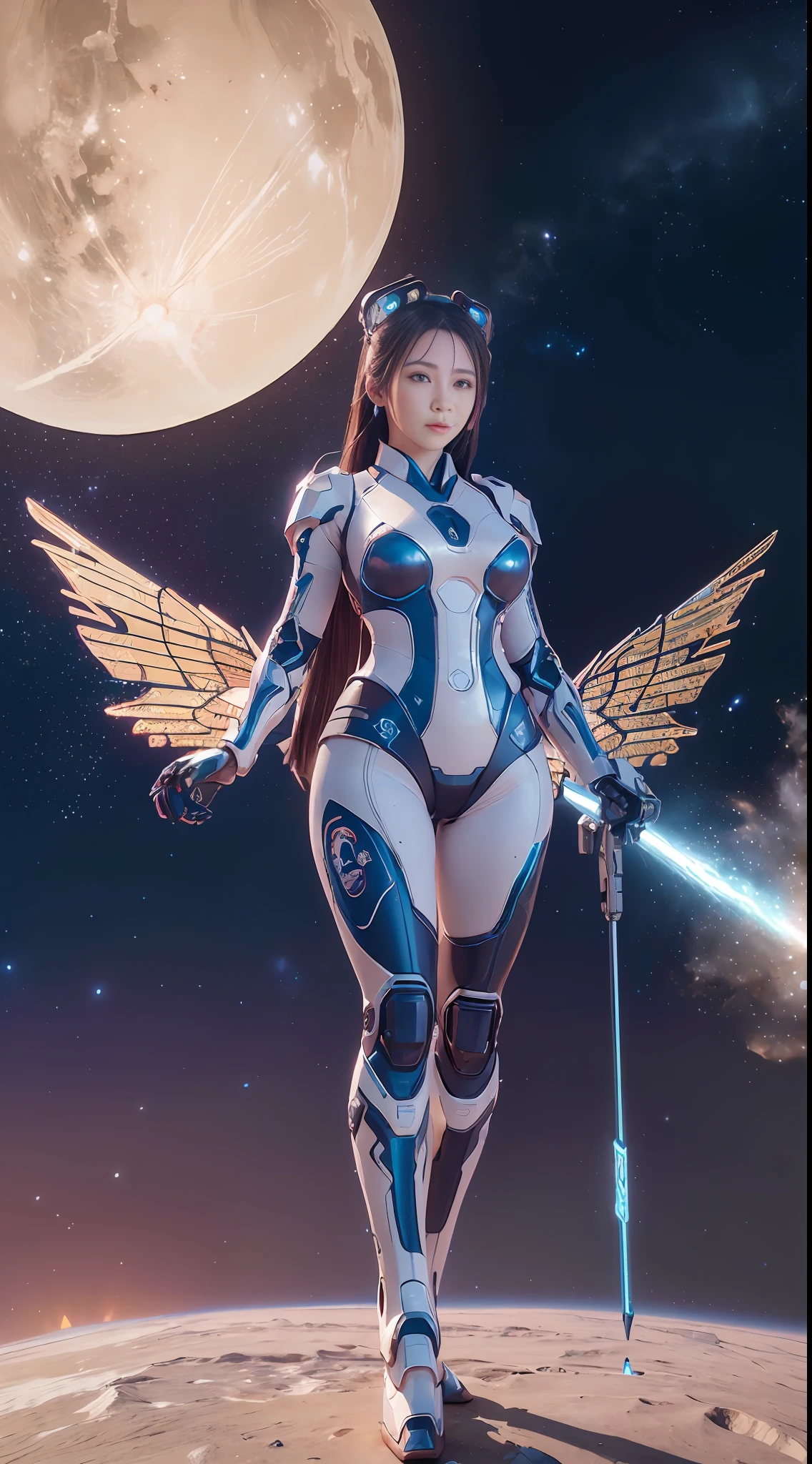 ((Best quality)), ((masterpiece)), (highly detailed:1.3), 3D, beautiful, (cyberpunk:1.2), in space, nebula, holding_weapon, laser, (1Female mecha:1.4), sexy body, facing the audience, Glowing eyes, full body, (flying, swooping down, dynamic, motion blur: 1.4), (huge mech wings: 1.6), looking up, glowing_eyes, mecha, panorama, background is earth, nebula, space, particles, Reality, HDR (High Dynamic Range), Ray Tracing, NVIDIA RTX, Super Resolution, Unreal 5, Subsurface Scattering, PBR Textures, Post Processing, Anisotropic Filtering, Depth of Field, Maximum Clarity and Clarity, Multilayer Textures, Albedo and Specular maps, Surface shading, accurate simulation of light-material interaction, perfect proportions, Octane Render, two-tone lighting, large aperture, low ISO, white balance, rule of thirds, 8K RAW, efficient sub-pixel, sub-pixel volume product, (best quality),(Japanese:0.5),(korean:0.8), (Liu Yi Fei:1.5), long hair, (big breast:1.2)