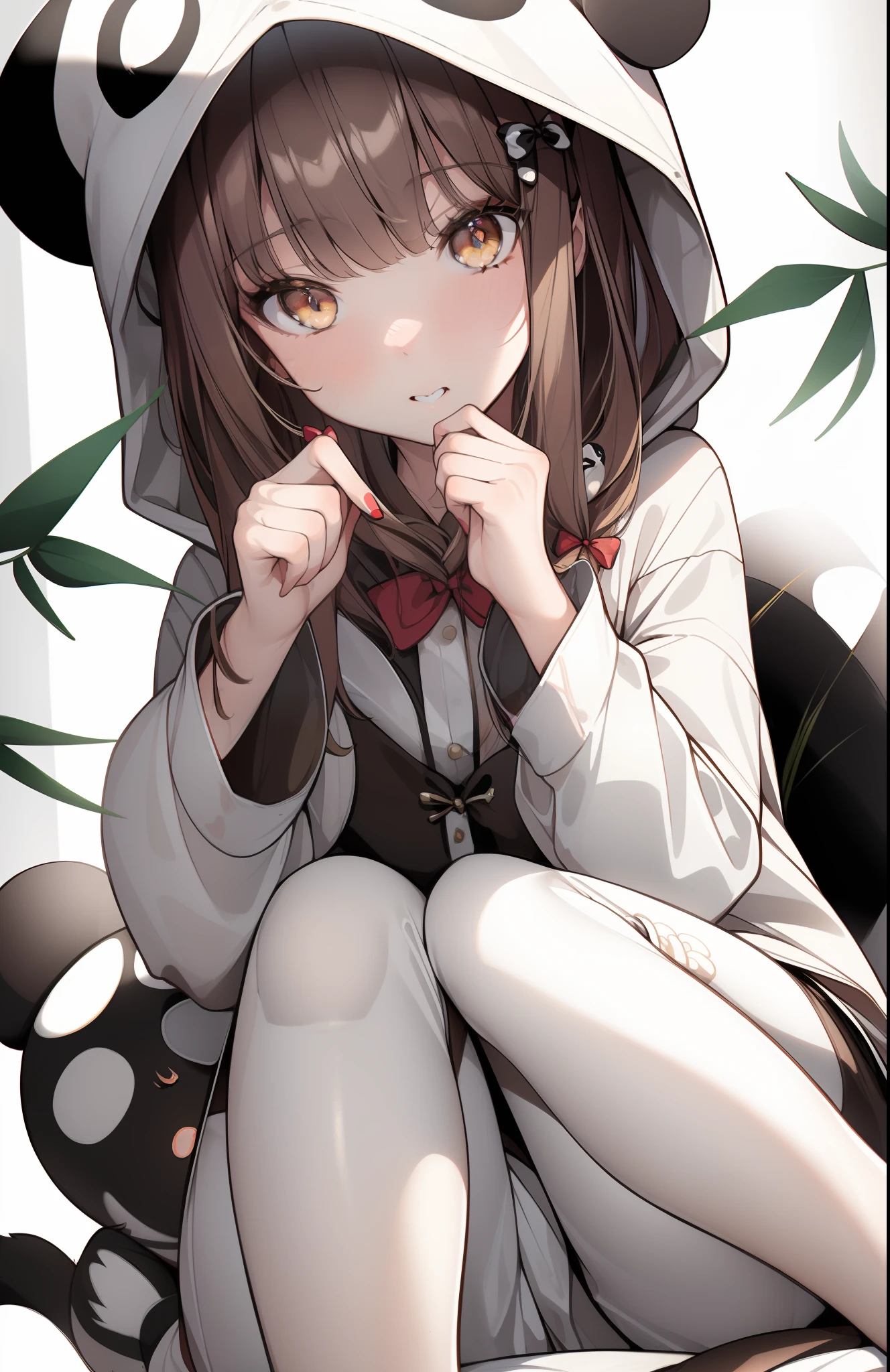 masterpiece, high quality, best quality, high resolution, 4k, high definition, beautiful lighting,highly detailed face, well drawn hands, well drawn legs,well drawn feet,well drawn eyes,1girl,kaede, brown hair, brown eyes,hair bow,panda pajamas,panda hood,white pajamas, white pants,